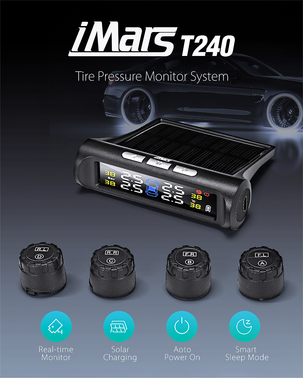 iMars T240 TPMS Solar Power Tire Pressure Monitor System Universal Tester Wireless LCD Display with 4 External Sensors