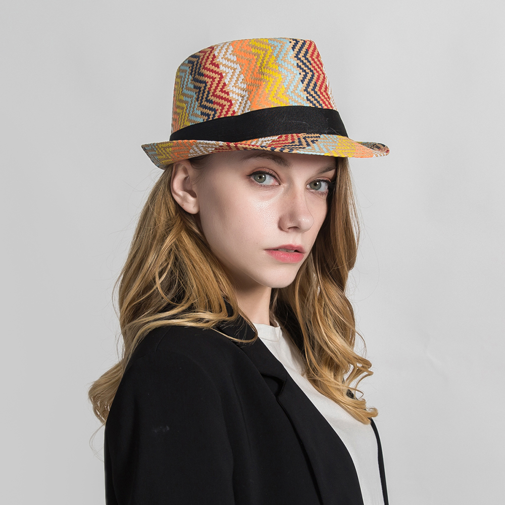 

Womens Stripe Short Brim Fedora Hats Beach Jazz Hat
