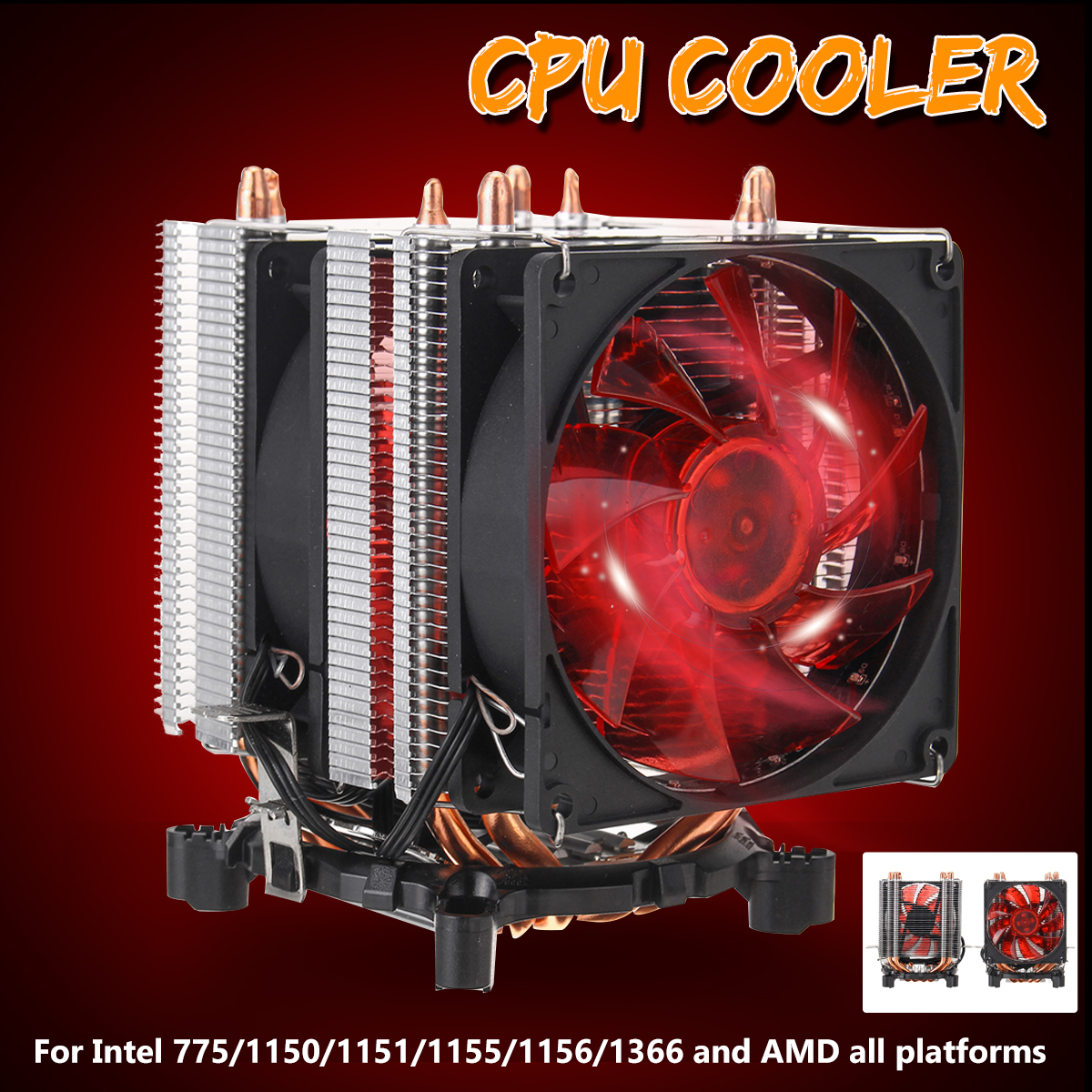 3 Pin Four Copper Pipes Red Backlit CPU Cooling Fan for Intel 1155 1156 AMD 9