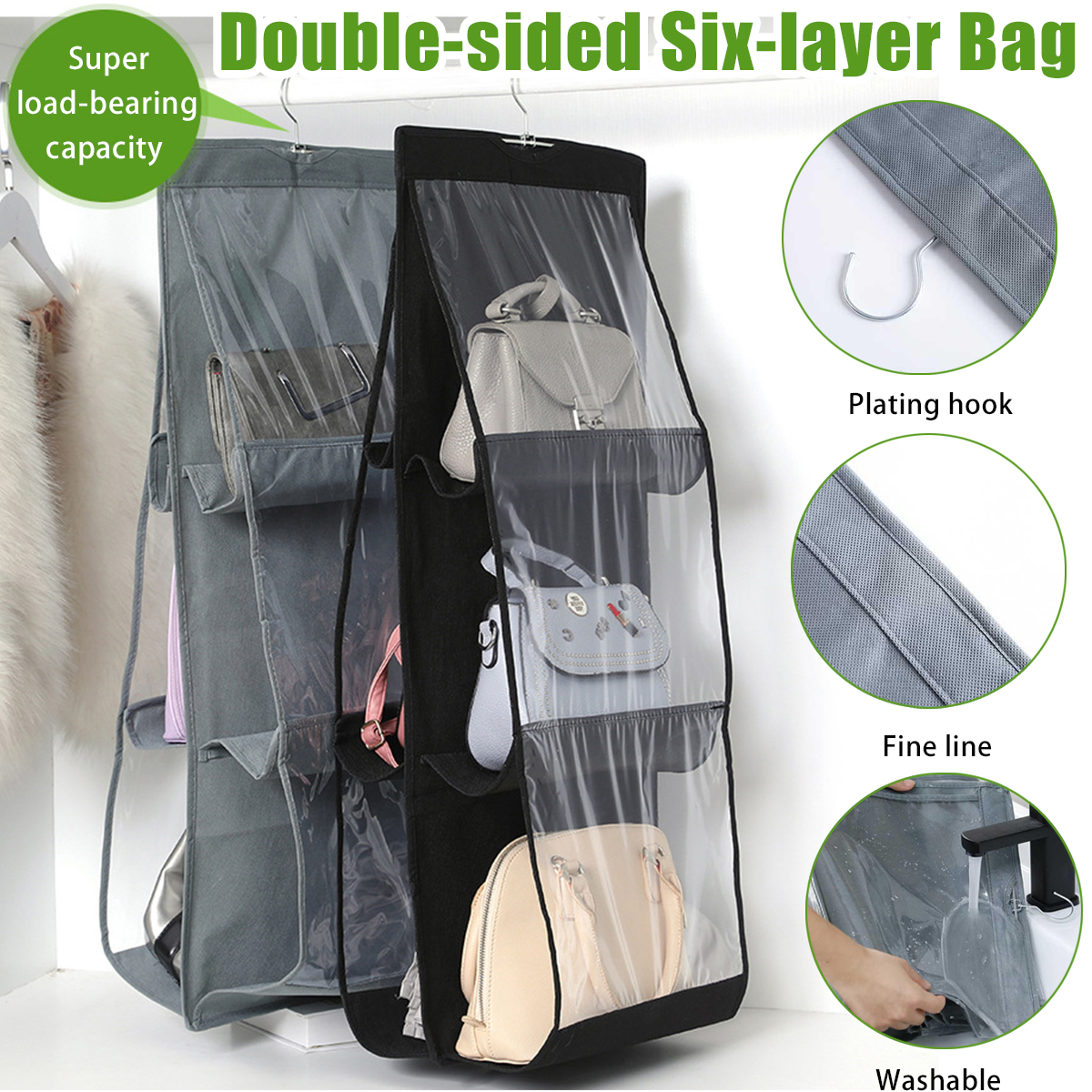 Double-sided Six-layer Hanging Handbag Closet Wardrobe Bag Storage Holder