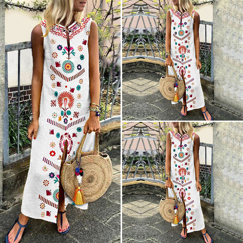 Women Sleeveless Boho Floral Print Split Casual Long Maxi Dress