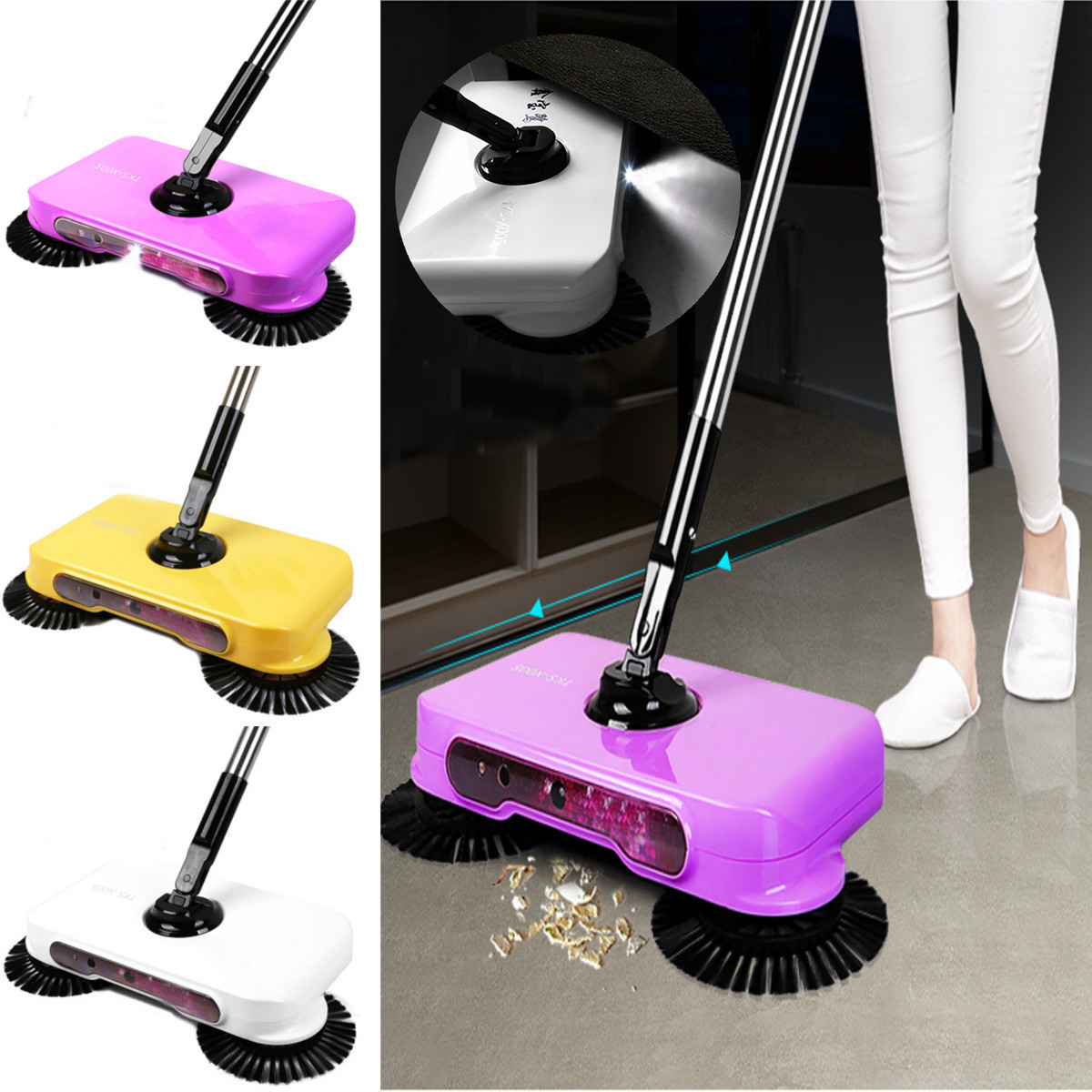 

LED Light Automatic Hand Push Sweeper Spin Broom Household Floor No Electric Home Cleaning Tools