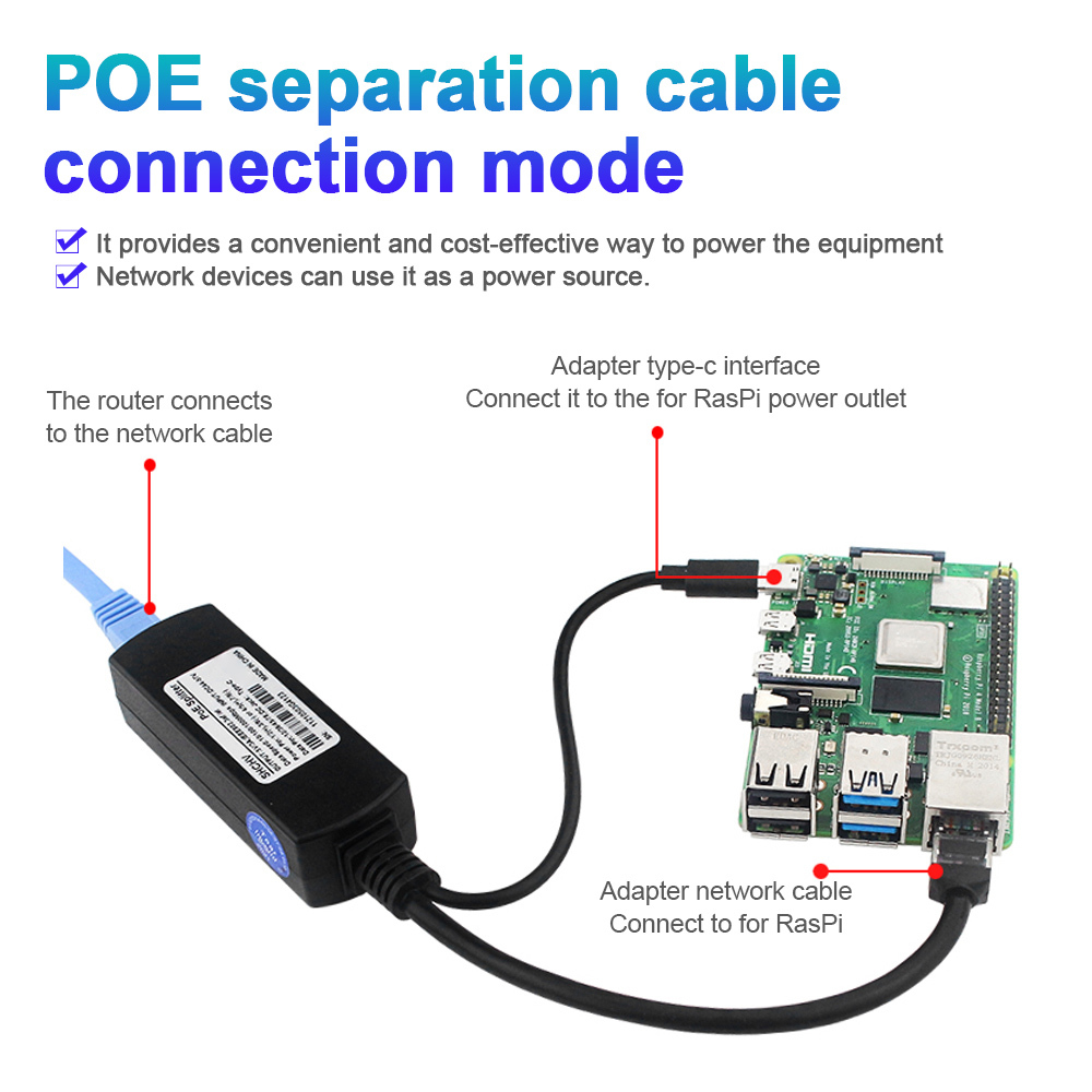 100Mbps/1000Mbps 5V 3A Type-C Power Over Ethernet Active POE Splitter for Raspberry Pi 4B