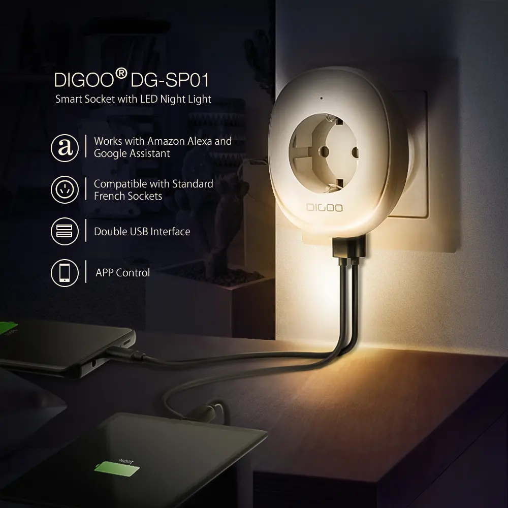  DIGOO DG-SP01 10A Dual USB Interface LED Night Light Smart WiFi Socket EU Plug Compatible Smart Life APP Work with Amazon Alexa Google Assistant