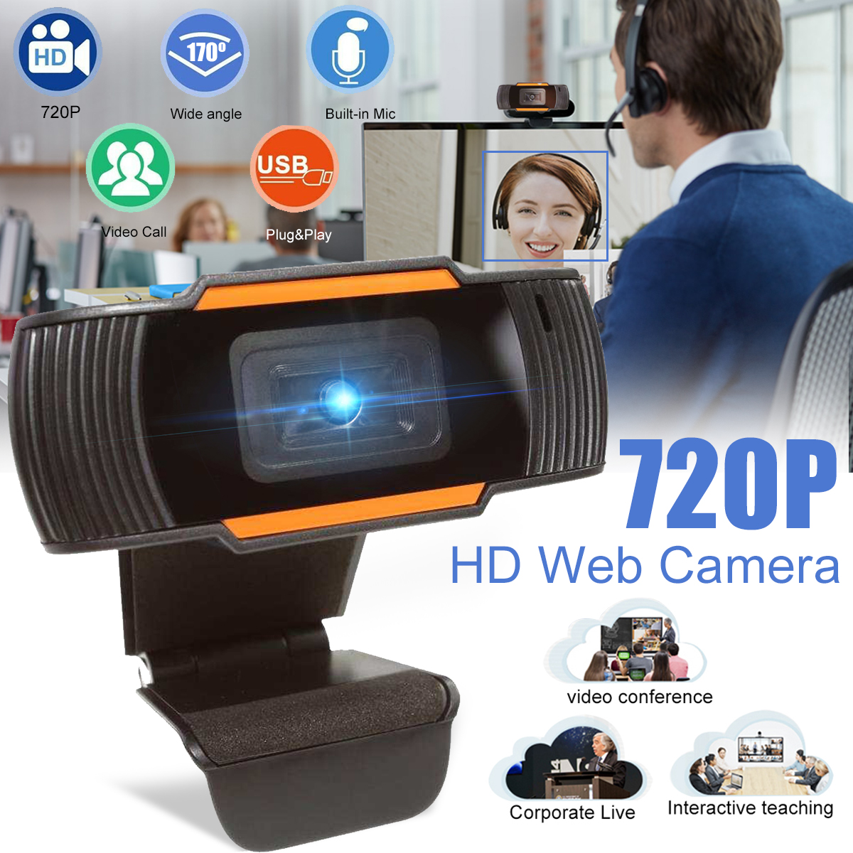 HP-602 720P 30FPS HD Live Computer Webcam Web Camera with Dual Mic for Computer PC Laptop Skype MSN