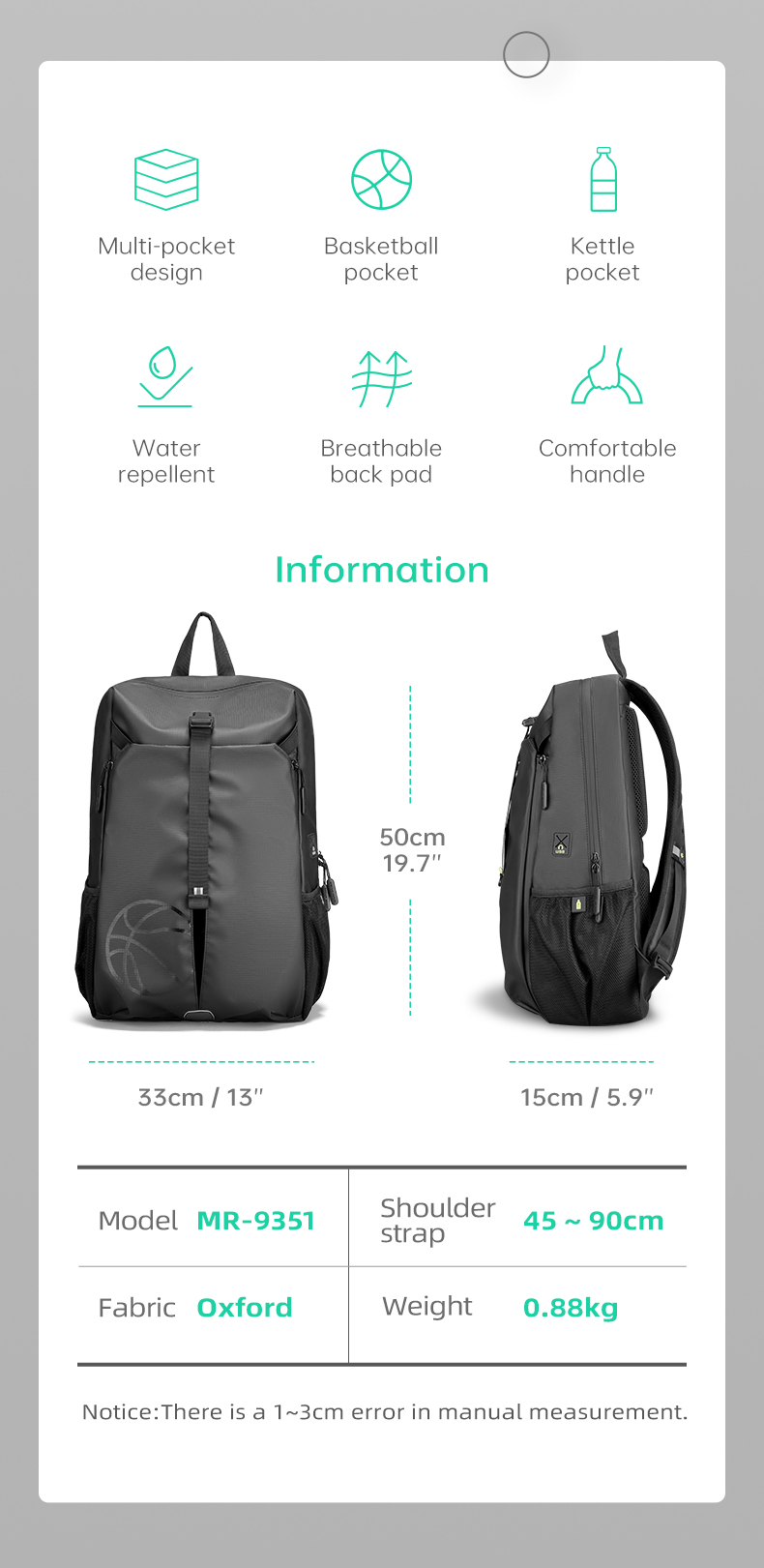 MARK RYDEN MR-9351 Basketball Backpack Laptop Bag Water Repellent Cloth Sport Fitness with Headphone Port for Laptop Tablet