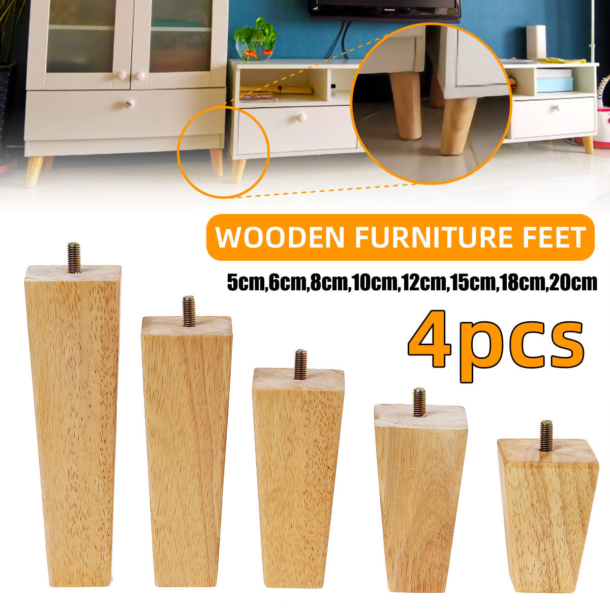 Conjunto de pernas para móveis de madeira inclinados 4 peças quadradas para sofá e mesa