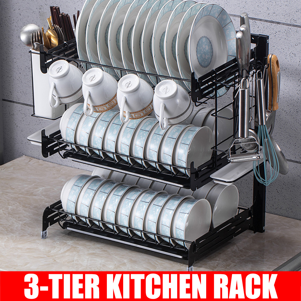 3 Tiers Kitchen Dish Rack Tableware Bowls Chopsticks Storage Rack Dish Drying Drain Shelf Holder Organizer