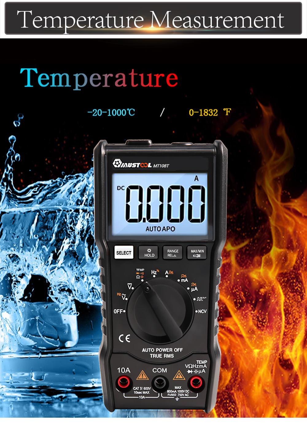MUSTOOL MT108T Square Wave Output True RMS NCV Temperature Tester Digital Multimeter 6000 Counts Backlight AC DC Current/Voltage Resistance Frequency 19