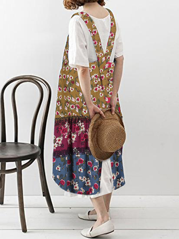 

Women Cotton Floral Print Pinafore Aprons Pockets Dress