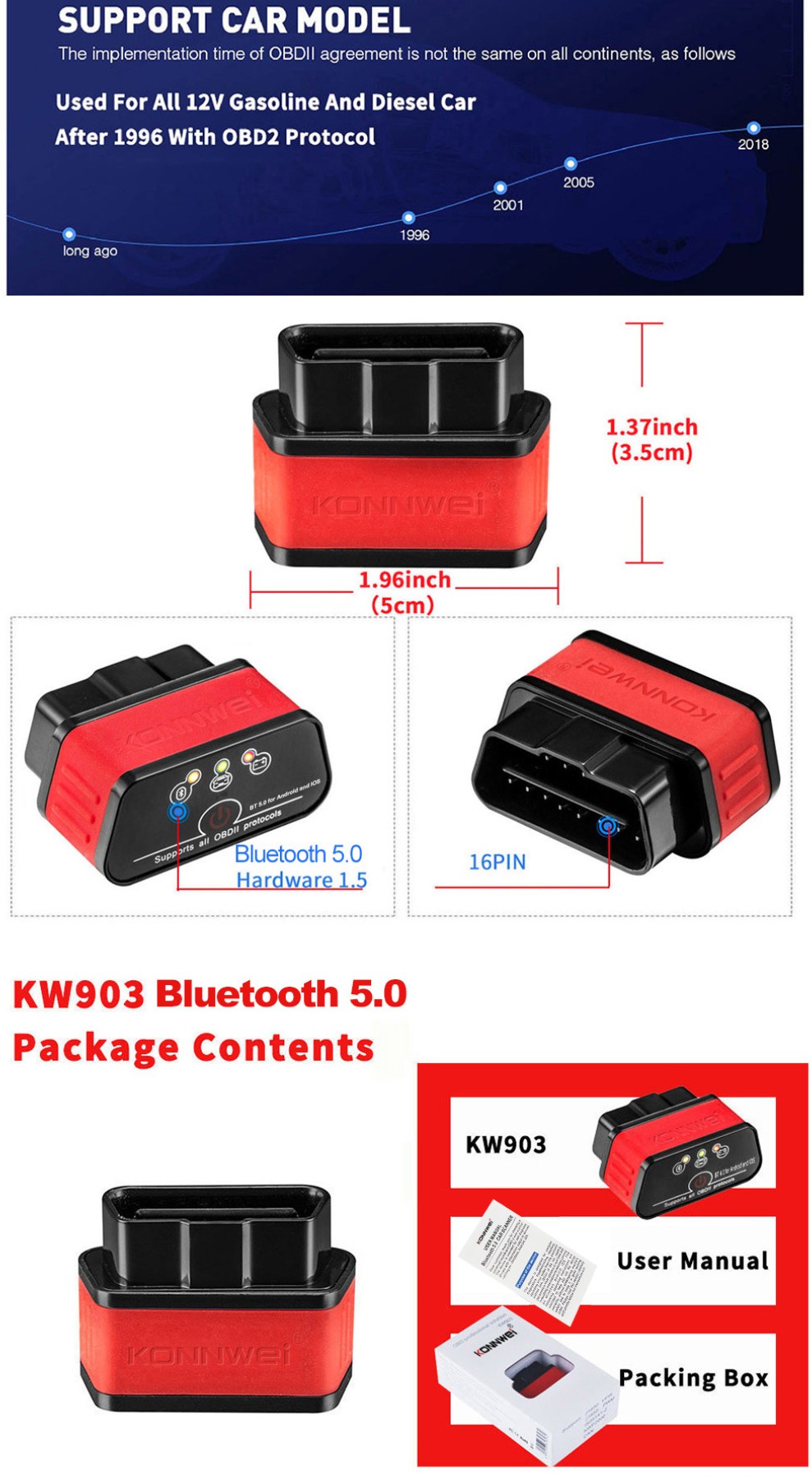 KONNWEI KW903 ELM327 OBD2 bluetooth Car Diagnostic Tool KW 903 elm 327 for Android Code Reader Scanner