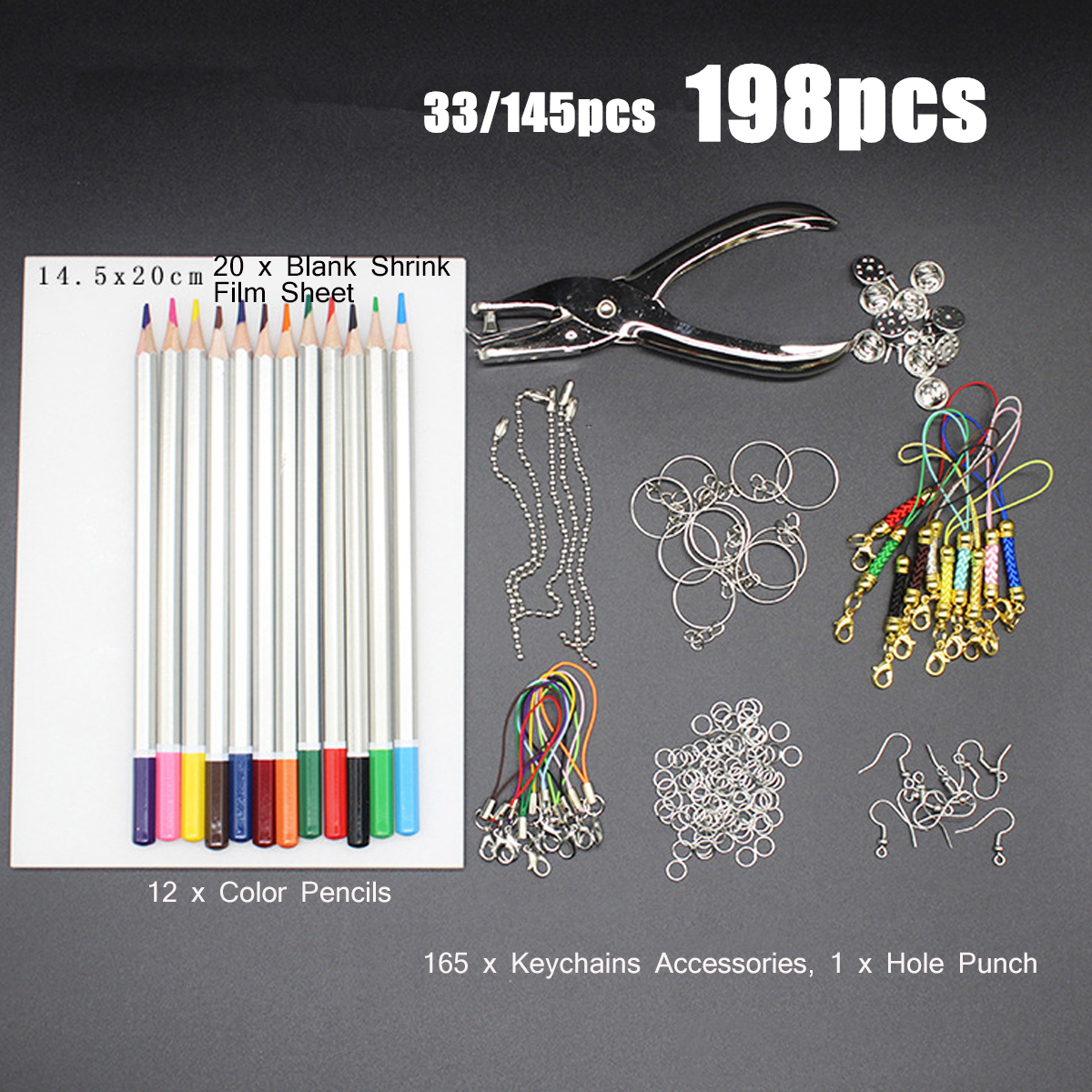 198Pcs/145Pcs/33Pcs DIY Heat Shrink Plastic Sheet Kit Shrinky Art Paper Hole Punch Keychains Pencils