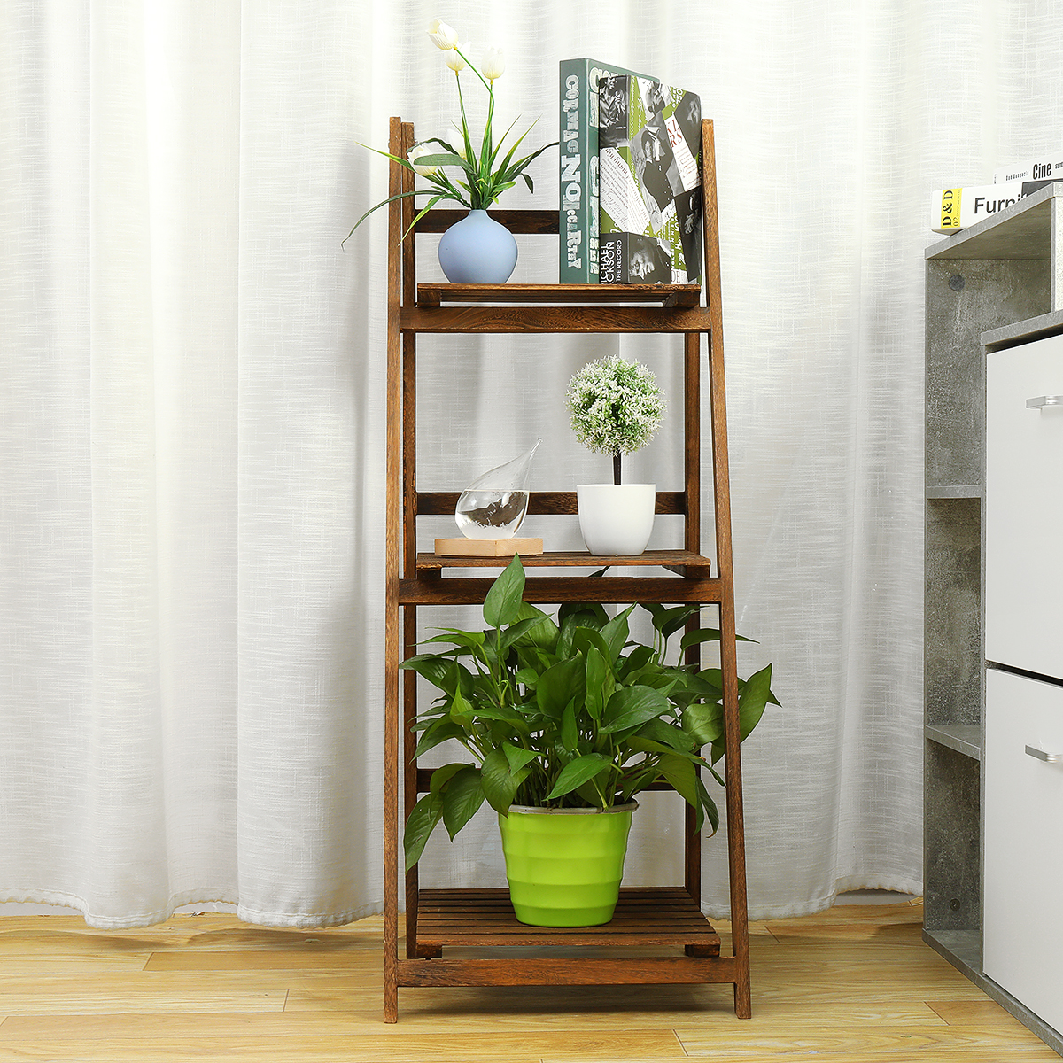 3 Tiers Ladder Storage Shelf Foldable Plant Flower Pot Display Stand Bookshelf Storage Rack Home Office Furniture