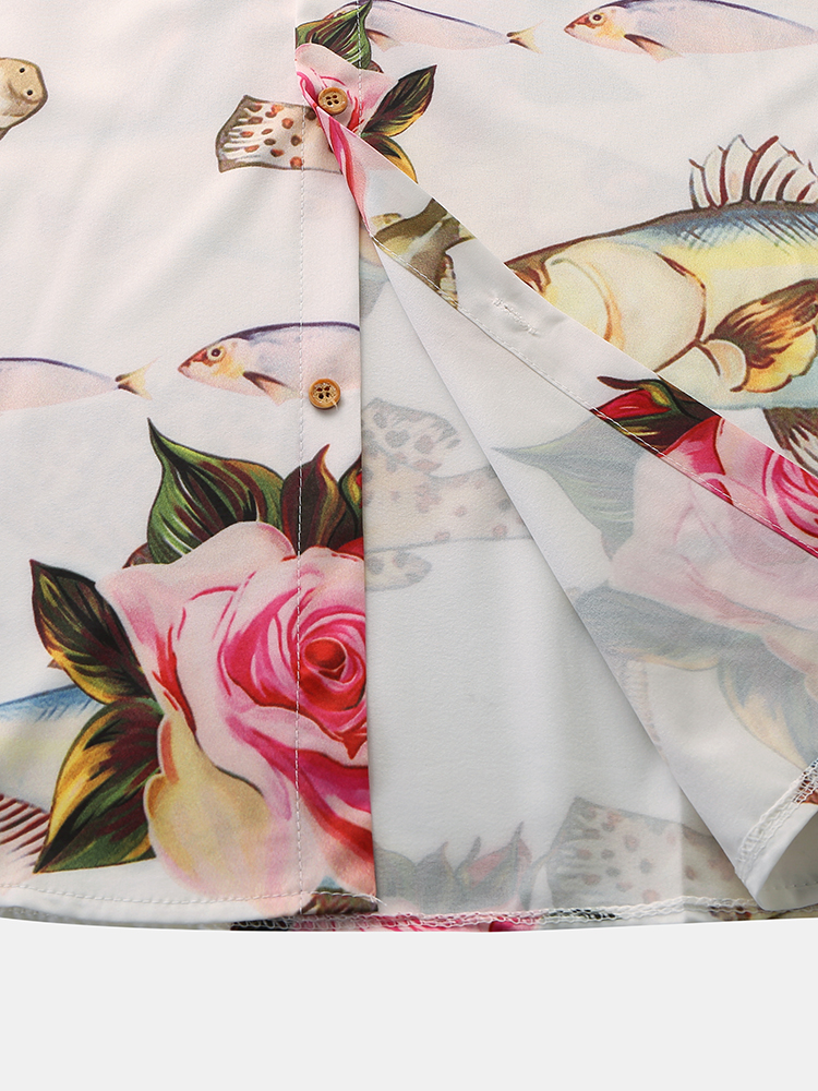 Men Women Fashion Fish Printing Breathable Short Sleeve Casual Shirts
