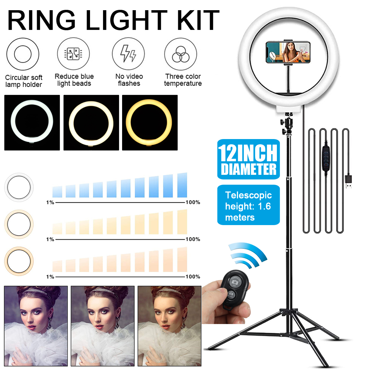 2800-7200K 360° turn to the head Ring Light Kit