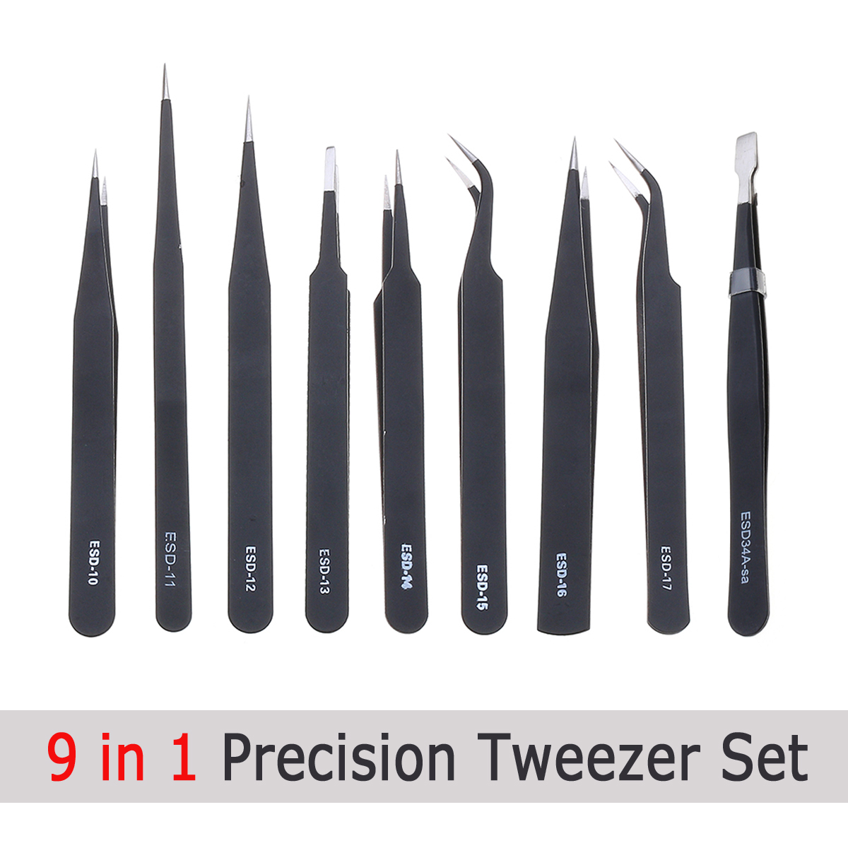 9 Pcs ESD Tweezer Anti-static Stainless Steel Precision Tweezers for Electronics Nail Beauty 9