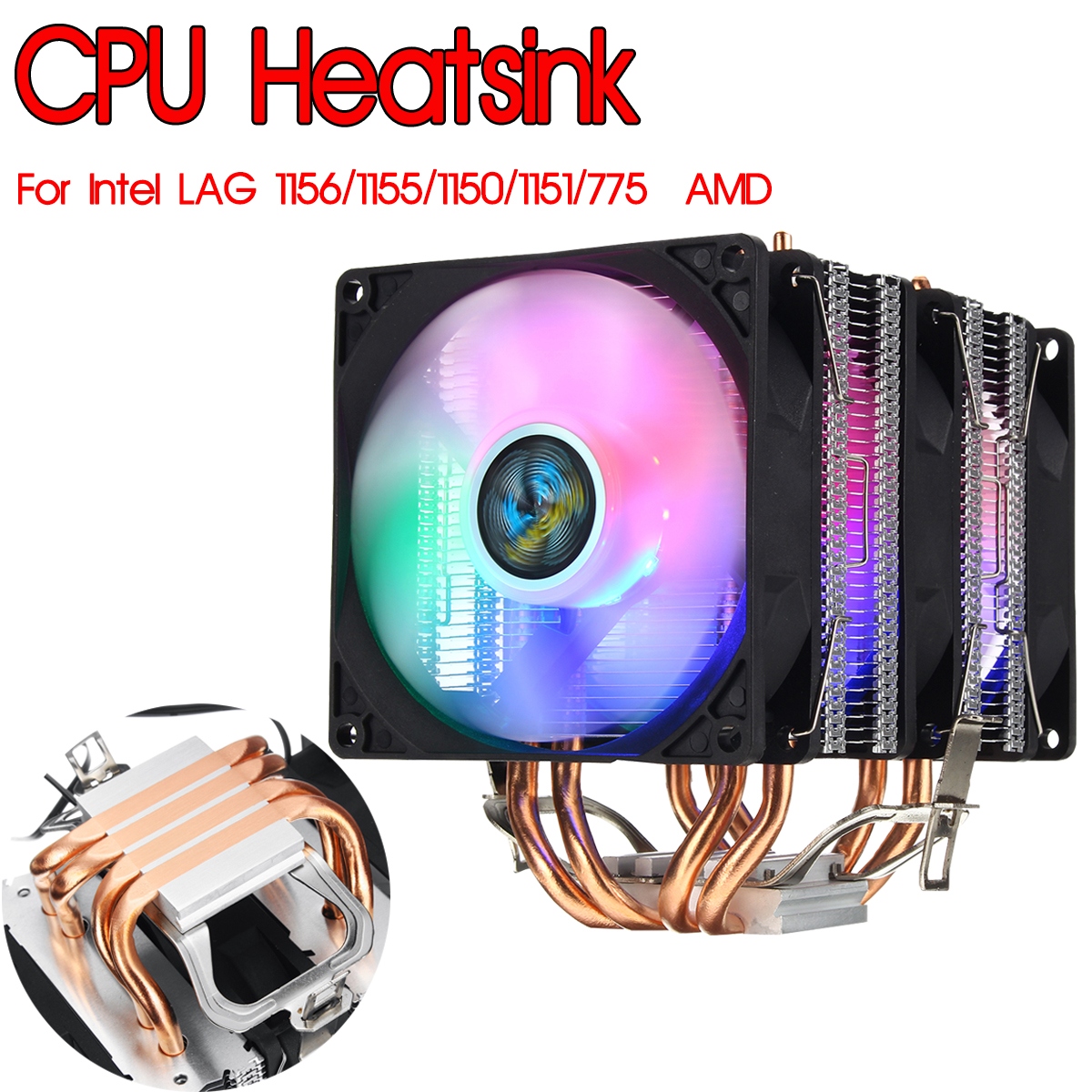 3 Pin Triple Fans Four Copper Heat Pipes Colorful LED Light CPU Cooling Fan Cooler Heatsink for Intel AMD 8