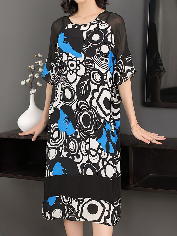 Elegant Women Short Sleeve O-neck Floral Print Dress