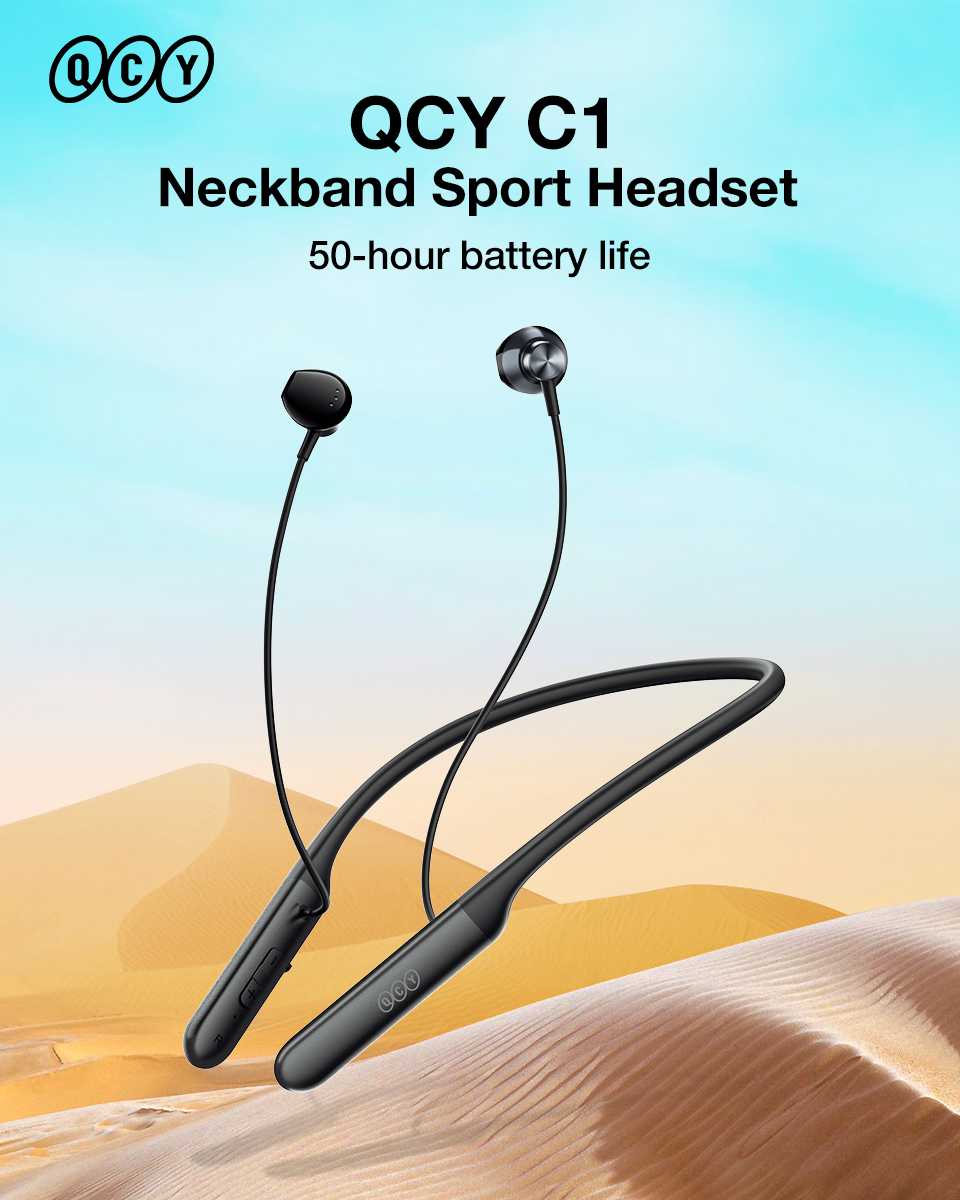 QCY C1 bluetooth 5.2 Earbuds Magnetic Sport Neckband Earphones 50H Long Standby 13.6MM Driver Stereo Headphones with Mic