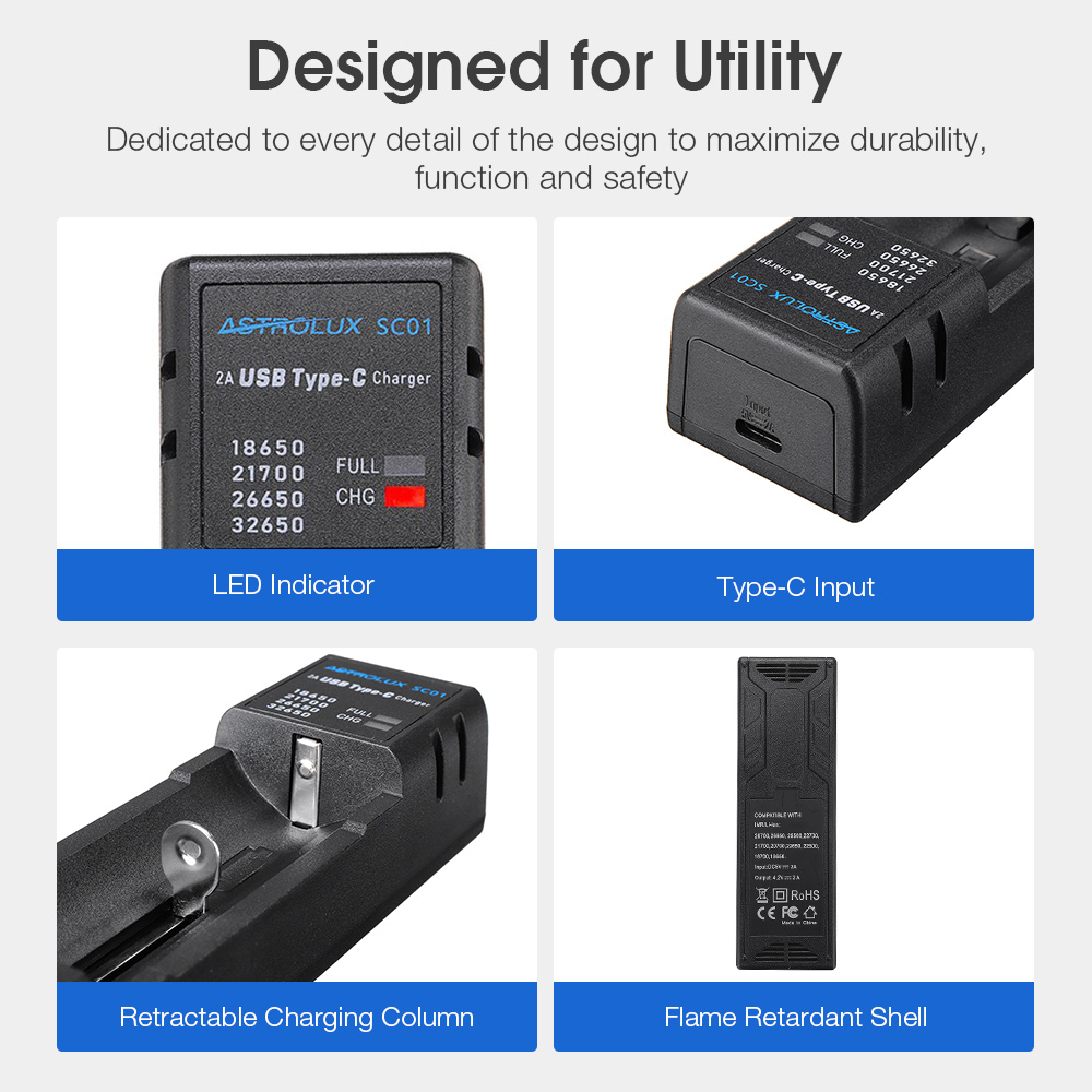 Astrolux® SC01 Type-C 2A Quick Charge USB Battery Charger Li-ion/IMR/INR/ICR Charger For 18650 20700 21700 26650 Cell