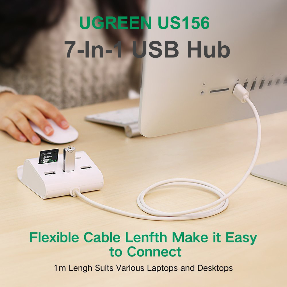UGREEN US156 7-In-1 USB Hub Multi-Functional USB3.0 TF/SD/M2/MS Card Reader 5Gbps Fast Speed LED Indicator Docking Station with Phone Stand