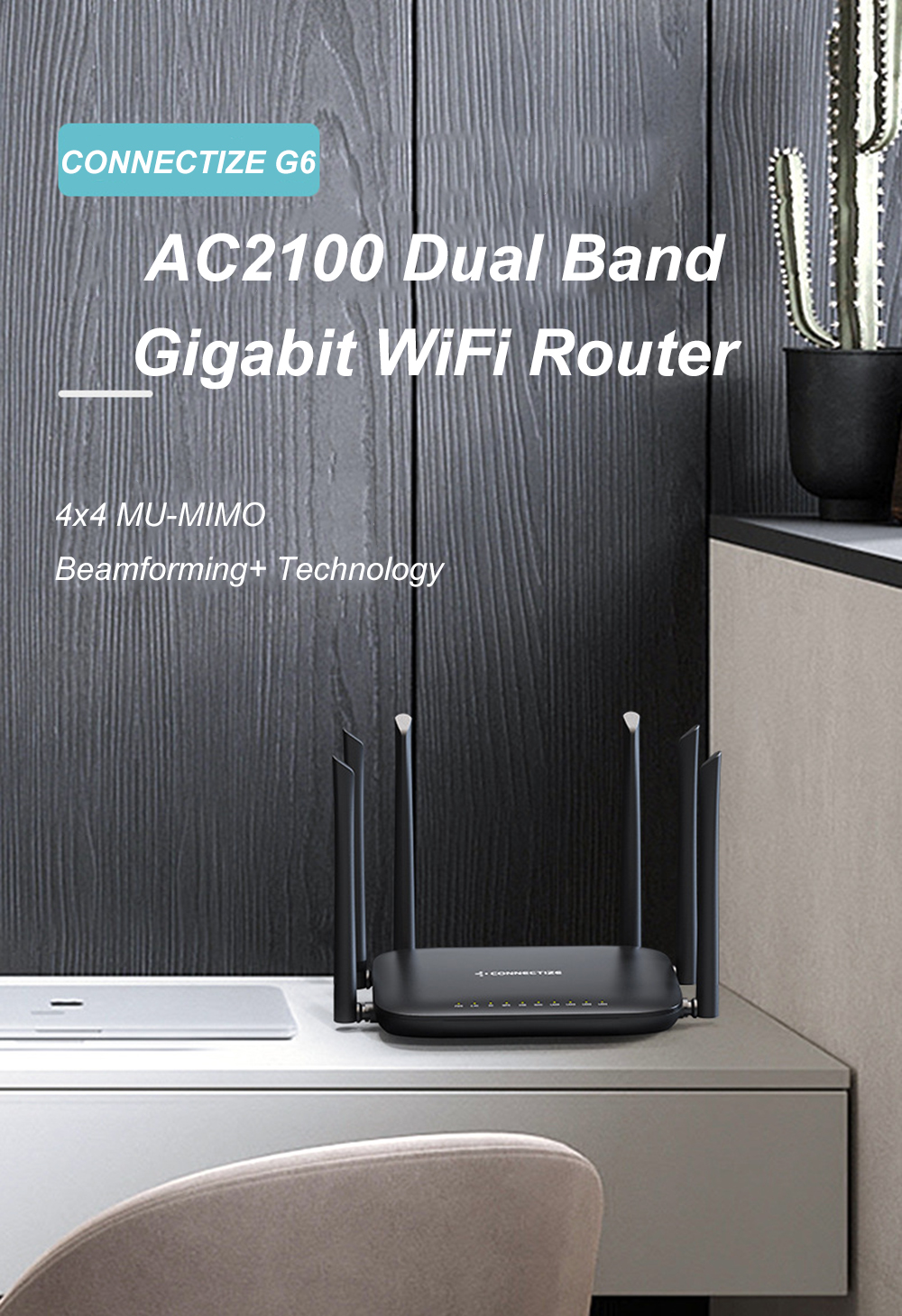 CONNECTIZE AC2100 Wireless Router Dual Band 2.4G/5G Gigabit WiFi Router US/EU Plug Support MU-MIMO Beamforming Signal Amplifier with 6 Antennas G6