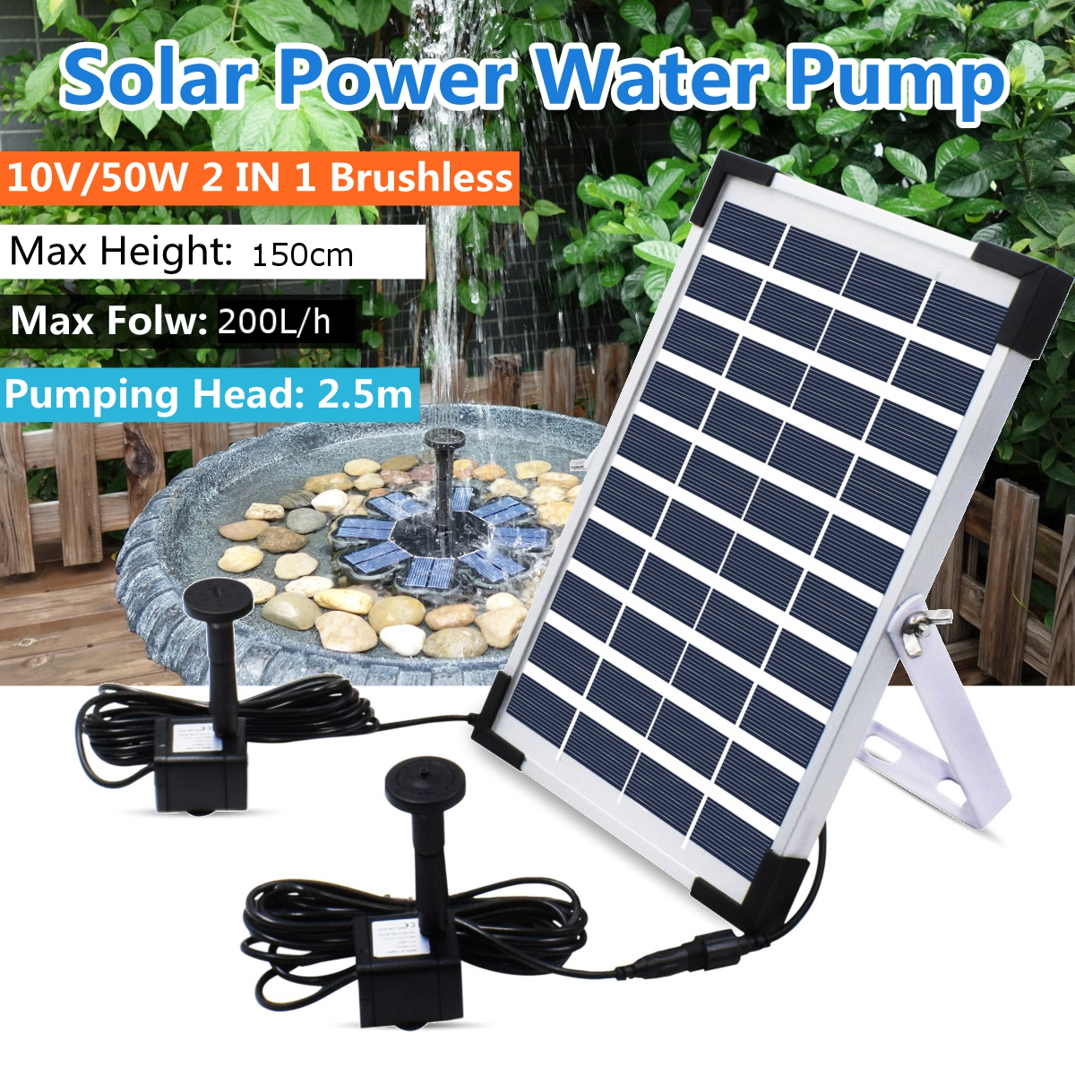 200L/H IP68 Solar Power Water Pump Submersible Fountain Pond Pool Garden US