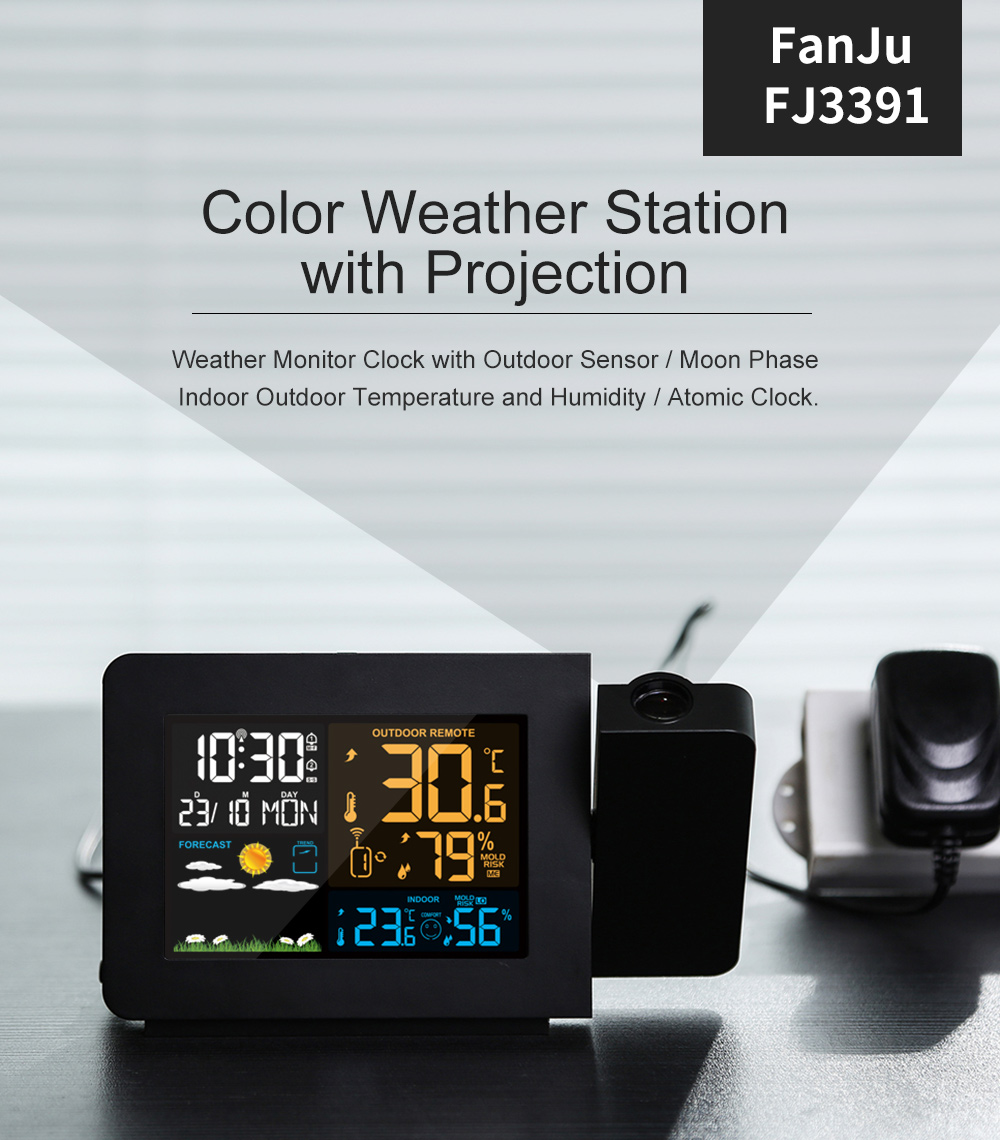 FanJu FJ3391 Multifunctional Weather Station Projector Clock Color Screen Time Temperature Projection Weather Forecast Humidity Calendar Dual Alarm Clock Digital Clock with Wireless Sensor