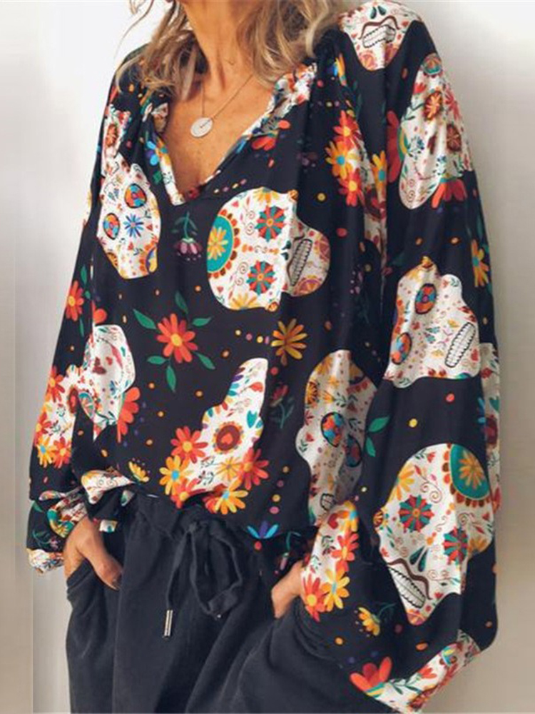 Casual Women Long Sleeve V-neck Floral Print Chiffon Blouse
