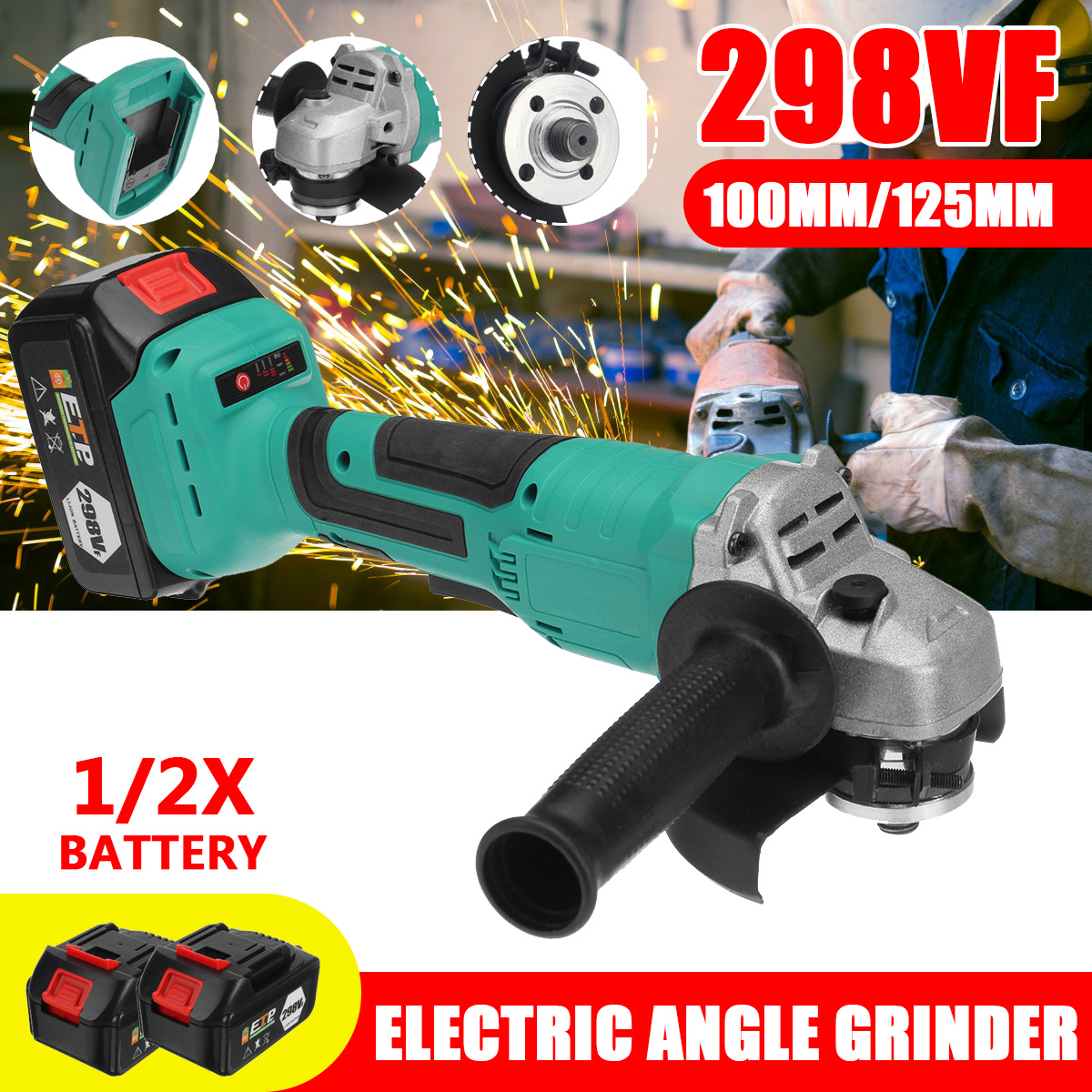298VF 100mm/125mm Brushless Cordless Angle Grinder Portable Cutting Grinding Polishing Machine W/ 1/2pcs Battery