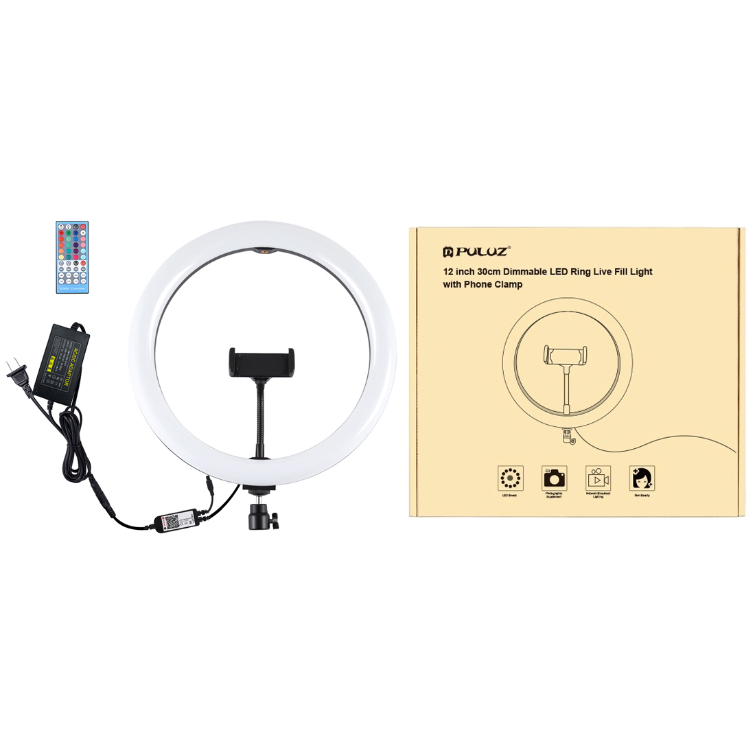 PULUZ PU411 12 Inch 6000-6500k Dimmable LED RGB Video Ring Light with Remote Control for Selfie Vlog Tik Tok Youtube Live Streaming