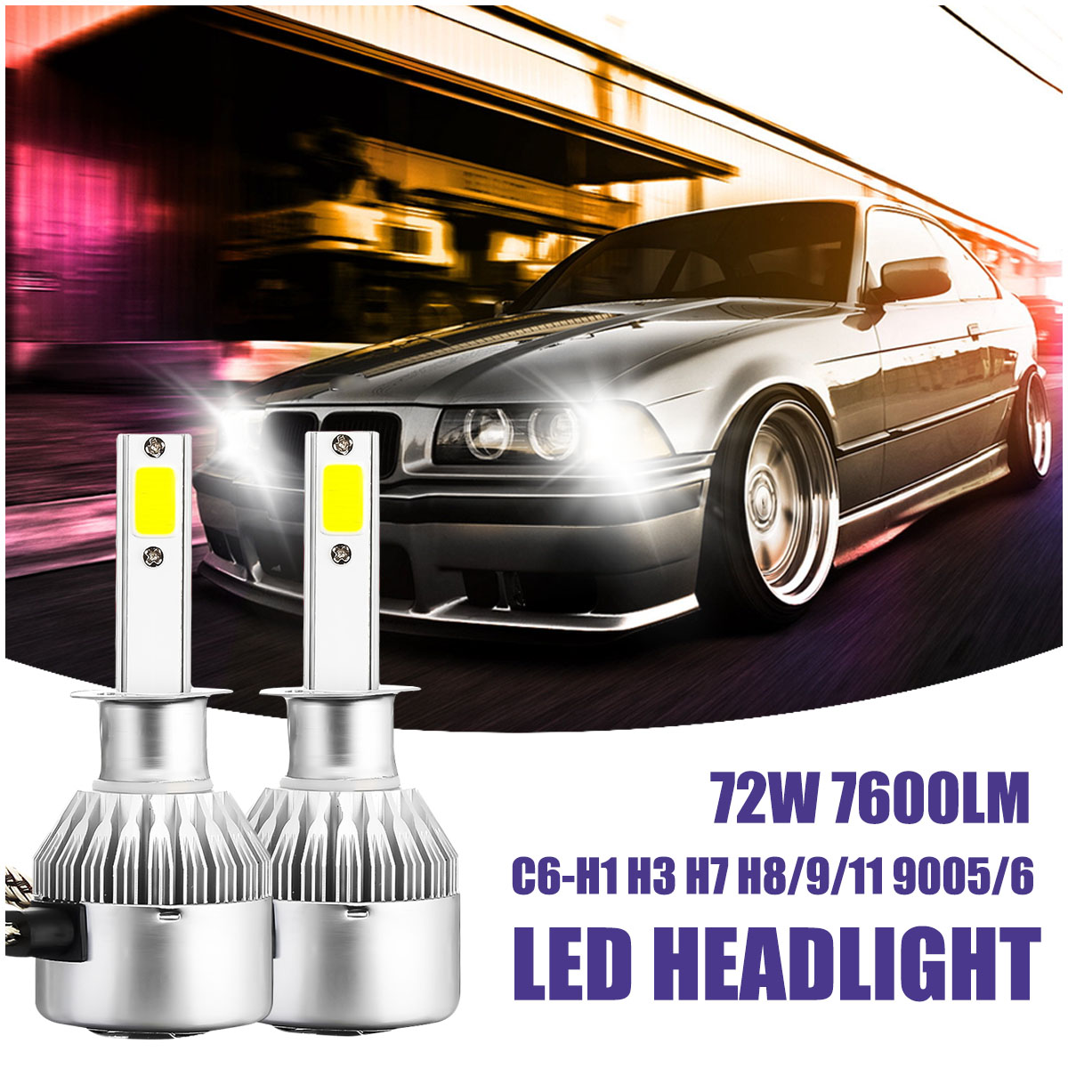 C6 COB LED H4 H7 Car Headlights 8000K Ice Blue Bulbs H1 9005 9006 Fog Lamps 72W 7600LM 