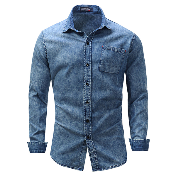 

Мужская хлопчатобумажная джинсовая синяя карманная мода Весна Casual Рубашка