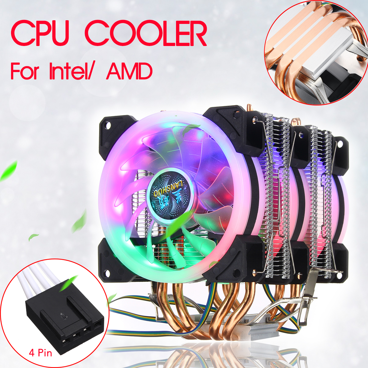 4Pin Three Fans 4-Heatpipes Colorful Backlit CPU Cooling Fan Cooler Heatsink For Intel AMD 7