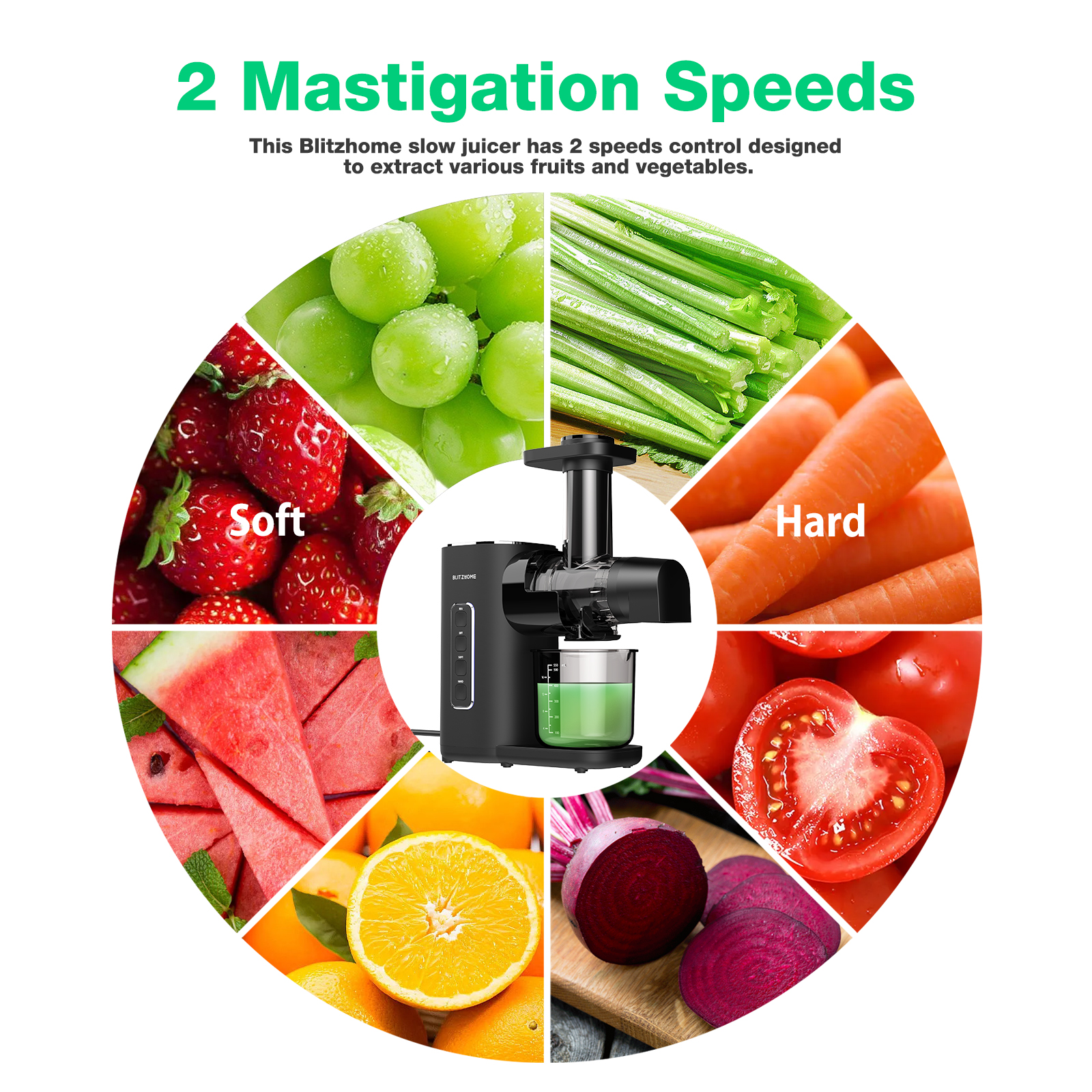 Blitzhome BH-JC01 Cold Press Juicer machines US Plug 2-Speed Modes Slow Masticating Juicer for Vegetable and Fruit with Quiet Motor/Reverse Function/Wide 1.73
