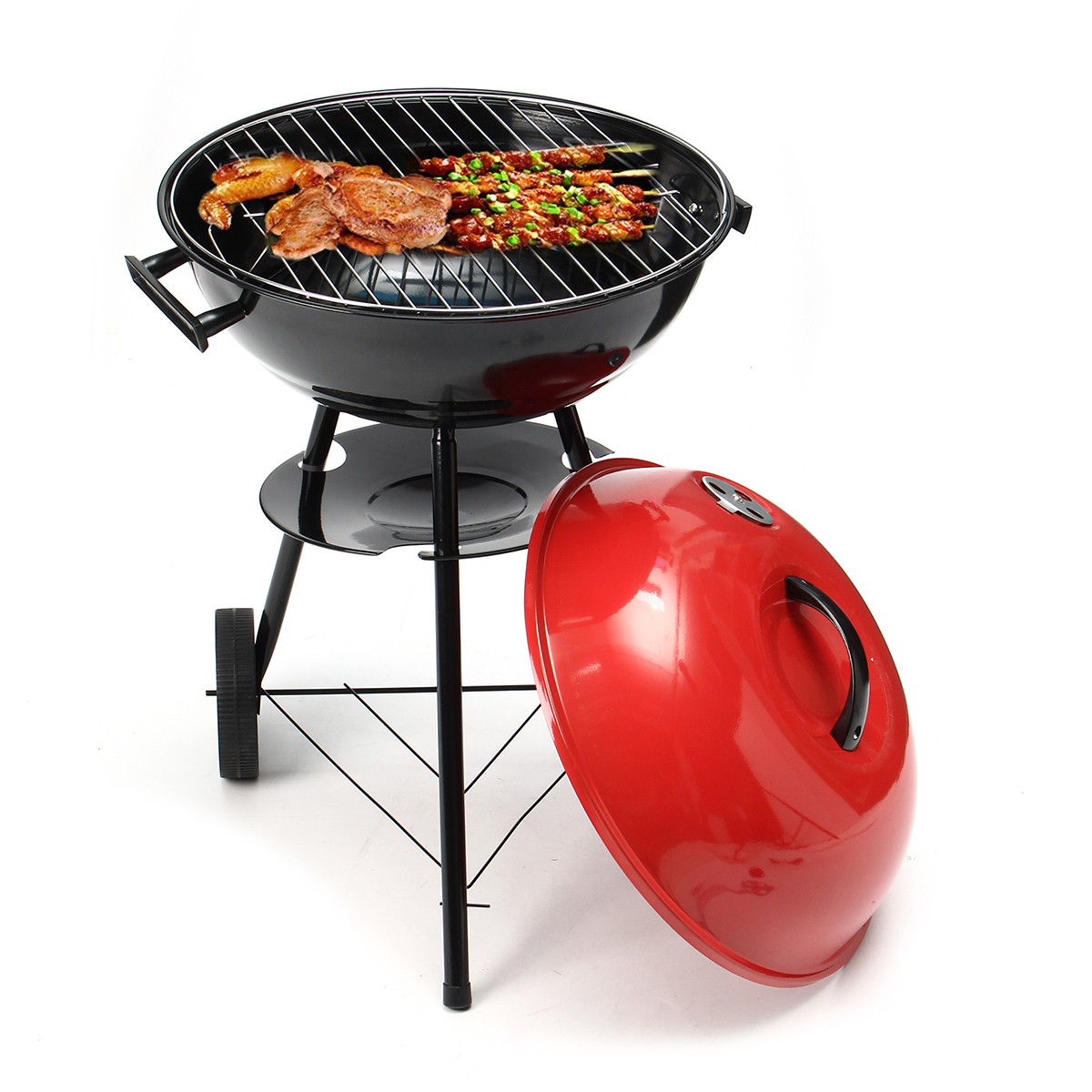 

Portable Red Kettle Trolley BBQ Grill Charcoal Barbecue Wood Barbeque Picnic BBQ Grill