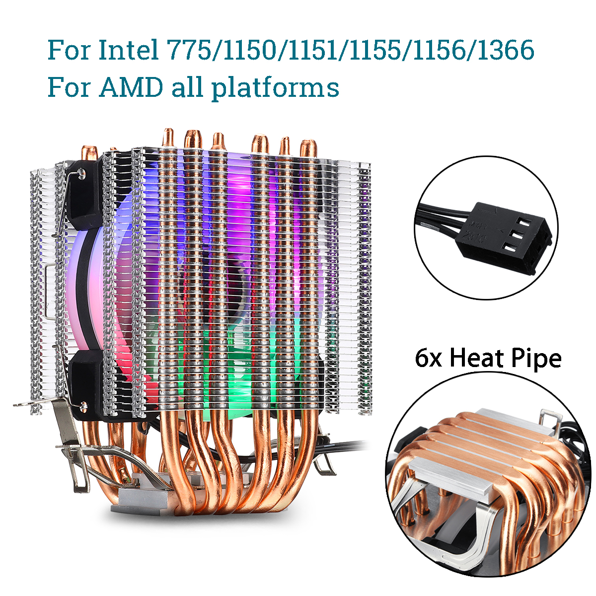 3 Pin CPU Cooler Cooling Fan Heatsink for Intel 775/1150/1151/1155/1156/1366 and AMD All Platforms 5 Colors Lighting 13