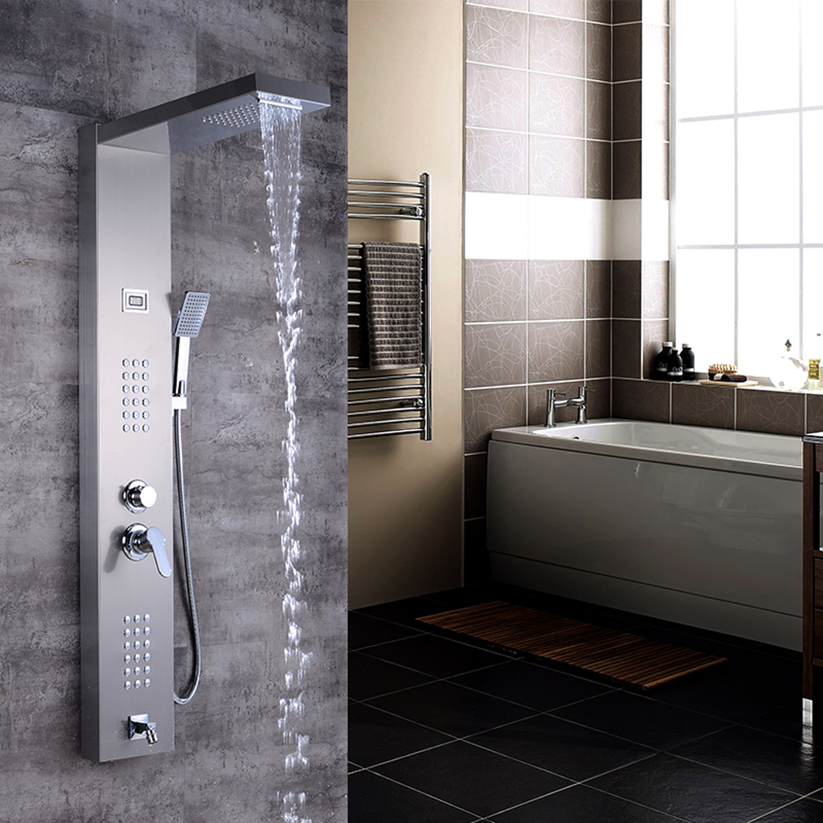 

Brushed Nickel Thermostatic Shower Column Panel Waterfall Rainfall Shower Faucet Head