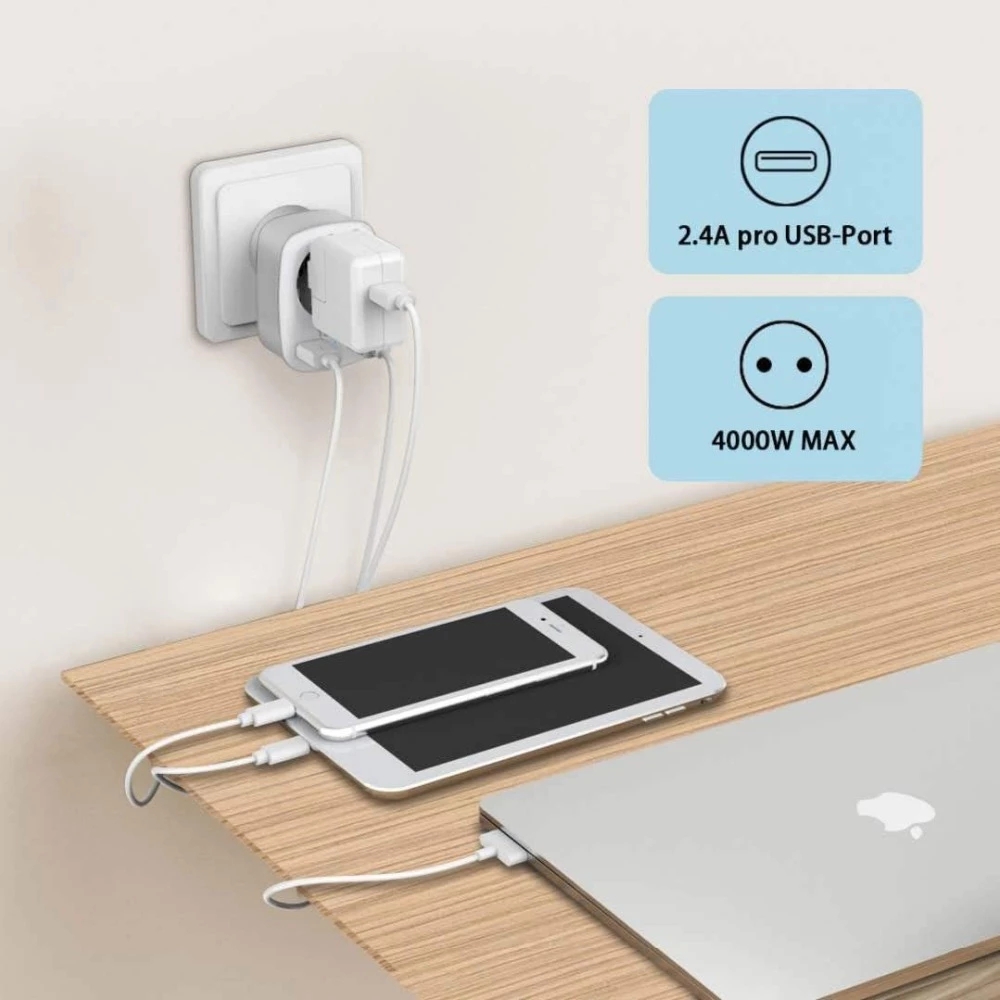 TESSAN TS-611-DE EU 3-in-1 4000W Wall Socket Extender with 1 AC Outlets/2 USB Ports 5V 2.4A Power Adapter Overload Protection Sockets for Home/Office