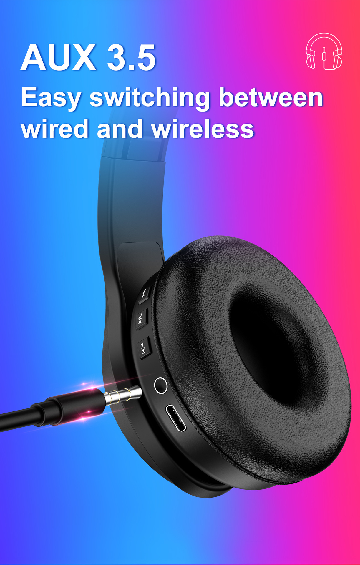 Wireless Headset bluetooth V5.3 Headphone HiFi Stereo HD Calls AUX Foldable Headphones with Mic
