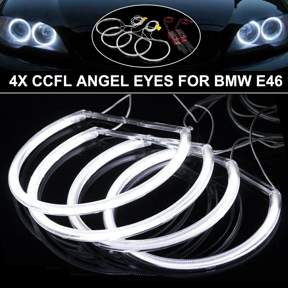 4PCS 146MM+131MM CCFL LED Angel Eyes Light Headlight Halo Ring Set White Color For BMW E46
