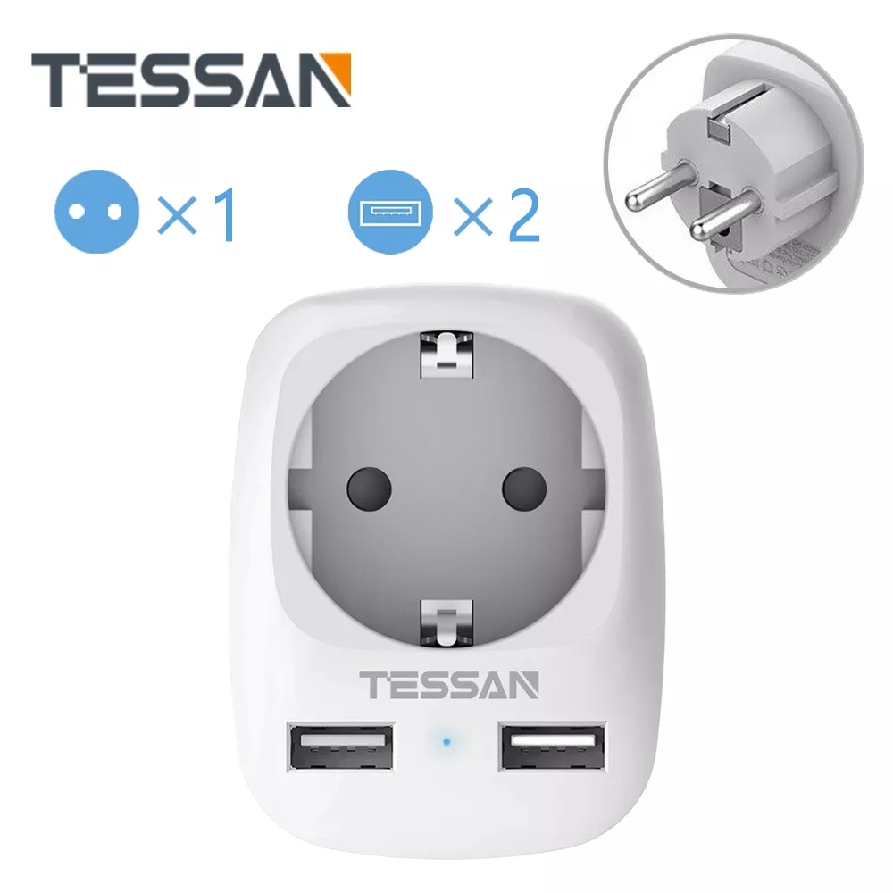 TESSAN TS-611-DE EU 3-in-1 4000W Wall Socket Extender with 1 AC Outlets/2 USB Ports 5V 2.4A Power Adapter Overload Protection Sockets for Home/Office