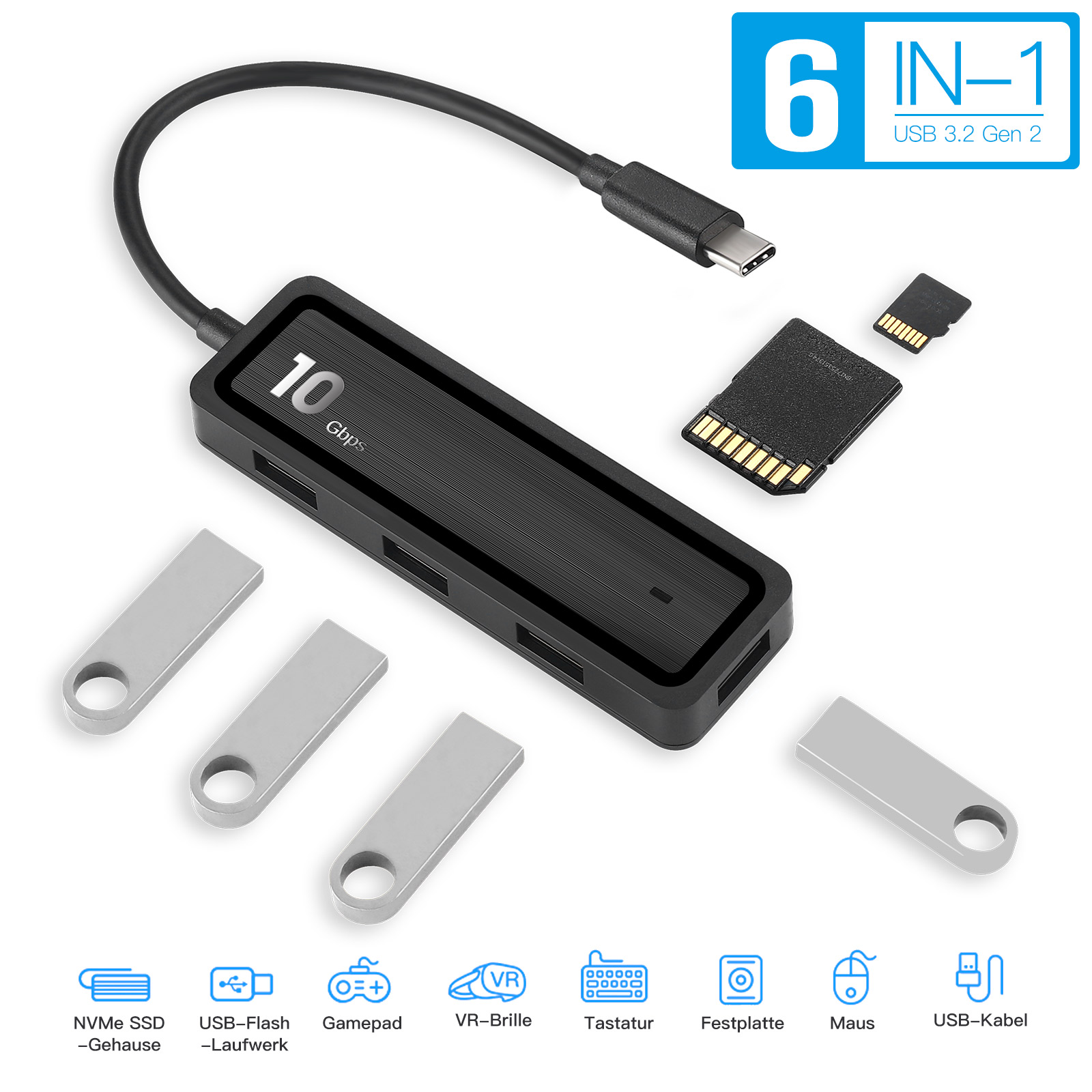 Pinrui 6 in 1 USB Hub 4-Port USB3.1 Gen 2 Expander with SD/ TF Adapter Laptop Docking Station