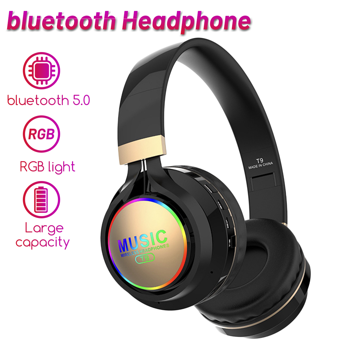 Bakeey T9 bluetooth Headphone Wireless Headset Foldable TF Card AUX Sport RGB Light Gaming Headset with Mic