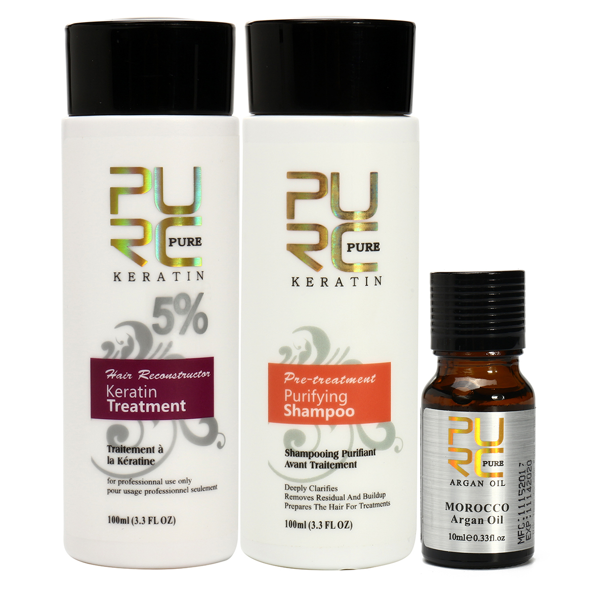 3Pcs Pure Brazilian Keratin Hair Straightening Treatment Shampoo Argan Oil  Kit