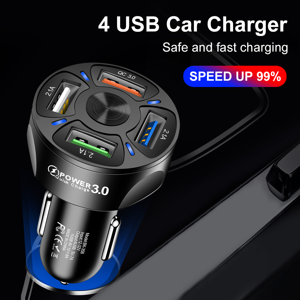 HCJTWIN 3A QC3.0 4 USB Car Charger LED Indicator Quick Charging Car Charger Adapter For iPhone 12 XS 11Pro MI10 POCO X3