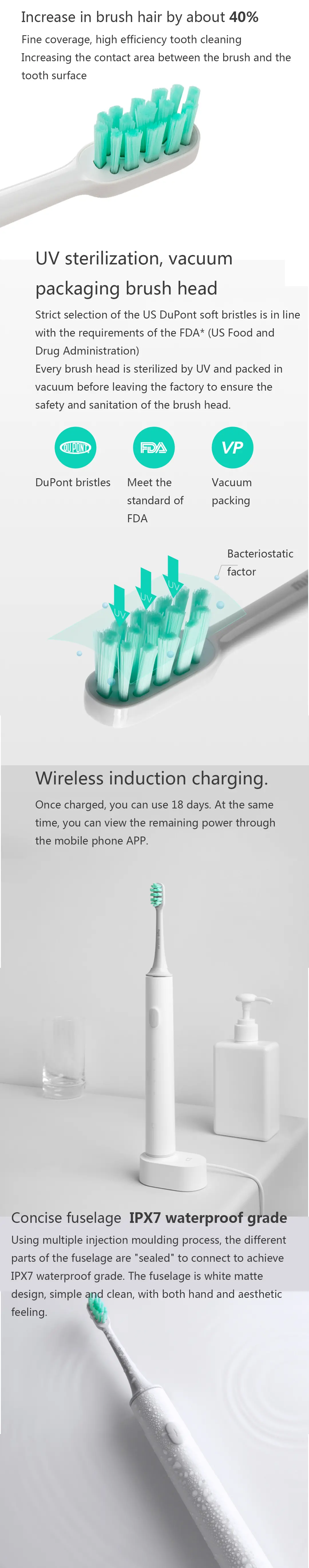 MIJIA T500 Electric Toothbrush Smart Sonic Brush Ultrasonic Whitening Teeth vibrator Wireless Oral Hygiene Cleaner - White