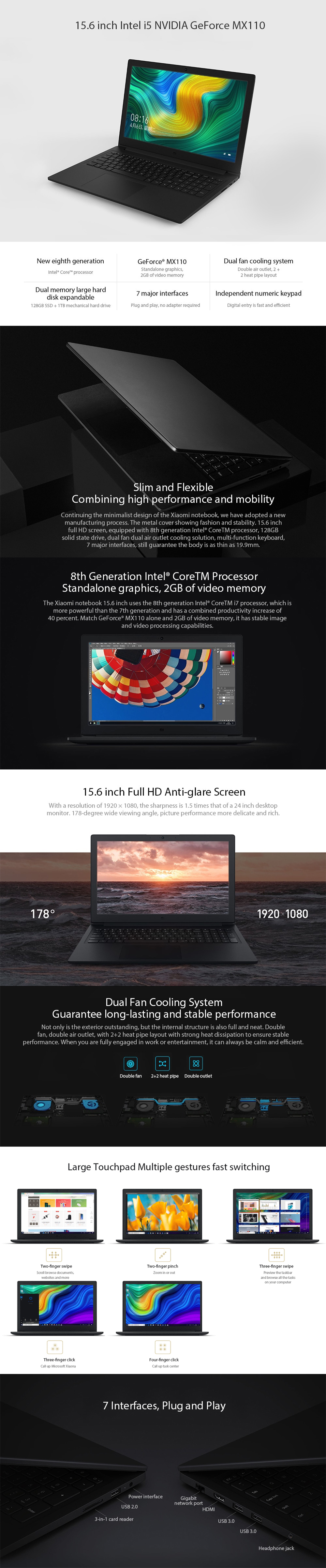 Xiaomi Mi Notebook Intel i5-8250U NVIDIA GeForce MX110 4GB DDR4 128GB SATA SSD 1TB HDD Laptop 