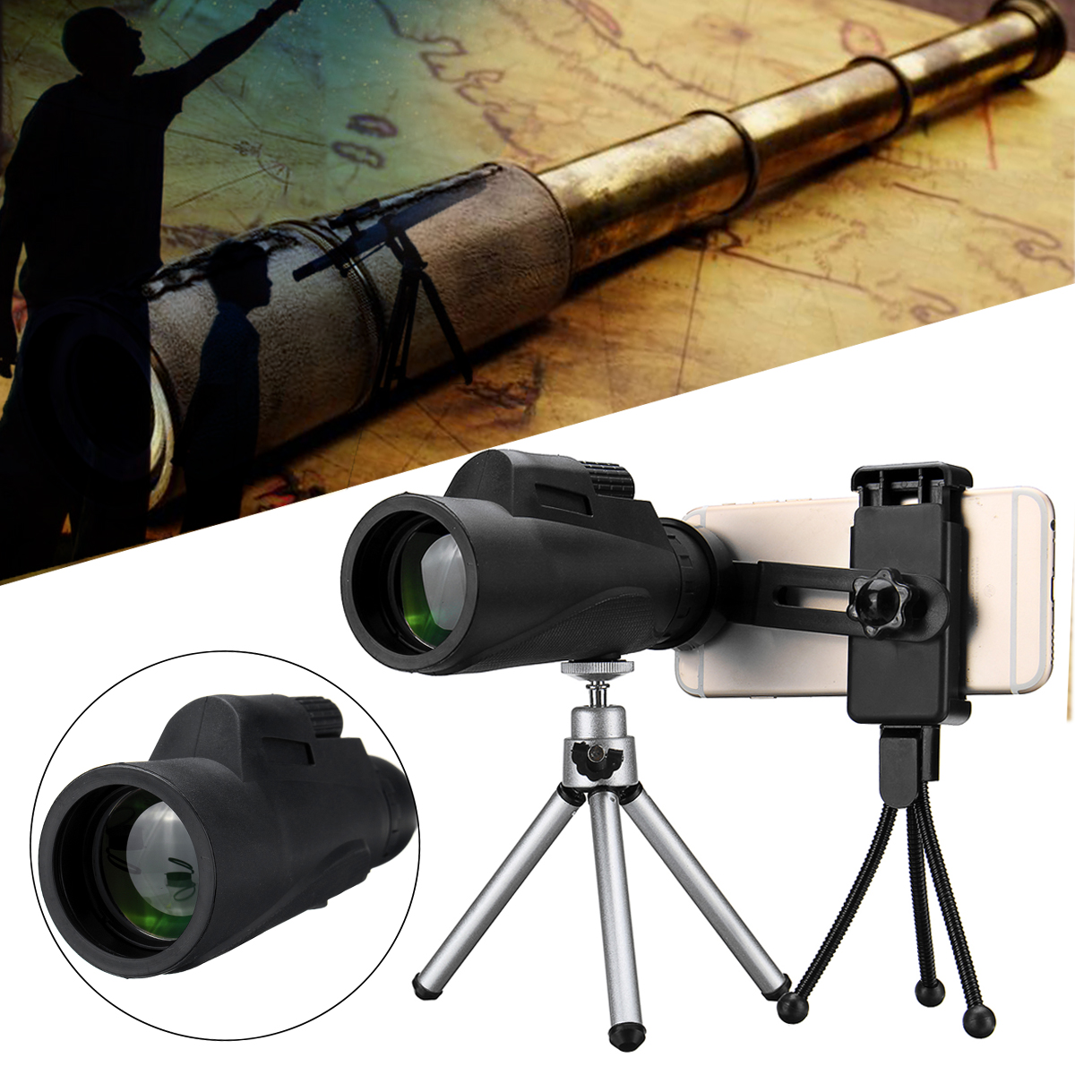 

12X50 Монокуляр HD BAK4 Объектив Телескоп ночного видения с зажимом для телефона с зажимом Штатив На открытом воздухе Кемпинг