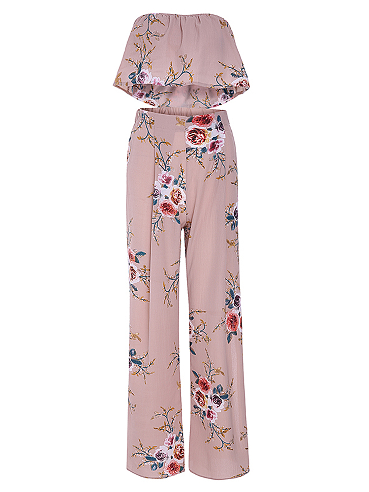 

Sexy Women Floral Printed Strapless Crop Top Side Slit Wide Leg Pants Set